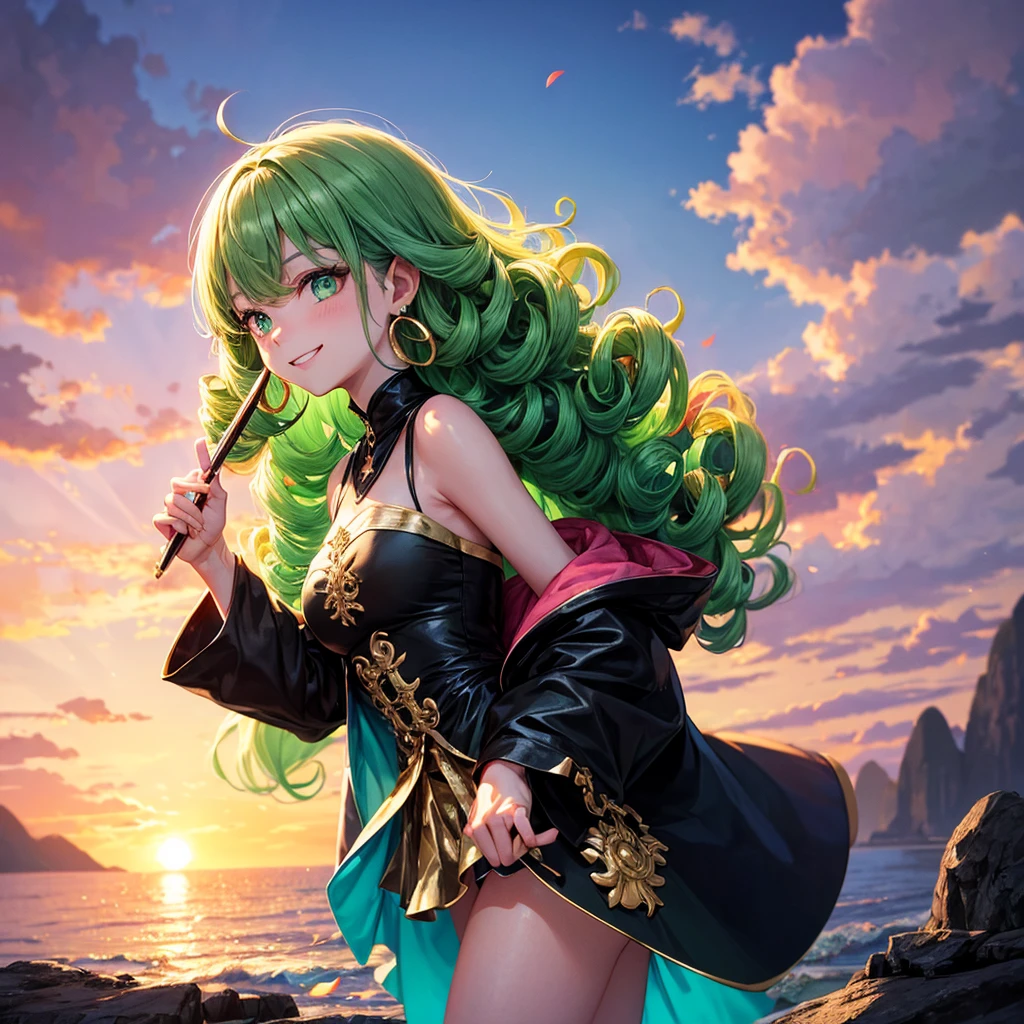 1 girl, (Iridescent hair, colorful hair, half green and half pink hair: 1.2), 17 years old, green_null, holding a magic wand, summer (Oceansupon), petal_upon_liquid, Hooded black cloak, Red and black ripped dress, skirt: 1.2, (gold lupong curly hair: 1.5), null, outdoor, cloud, bangs, smile, null green eyes, bare shoulders, perfect hands, hand details, Repaired finger. earrings, Ocean + background, looking for_in_viewer, cowboy shot, highest quality, Rich details, perfect image quality, sunrise