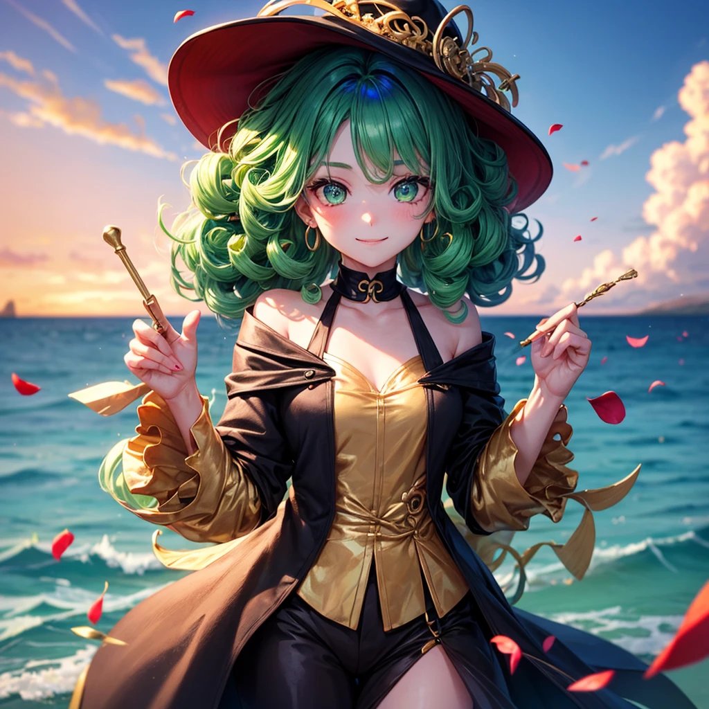 1 girl, (Iridescent hair, colorful hair, half green and half pink hair: 1.2), 17 years old, green_null, holding a magic wand, summer (Oceansupon), petal_upon_liquid, Hooded black cloak, Red and black ripped dress, skirt: 1.2, (gold lupong curly hair: 1.5), null, outdoor, cloud, bangs, smile, null green eyes, bare shoulders, perfect hands, hand details, Repaired finger. earrings, Ocean + background, looking for_in_viewer, cowboy shot, highest quality, Rich details, perfect image quality, sunrise