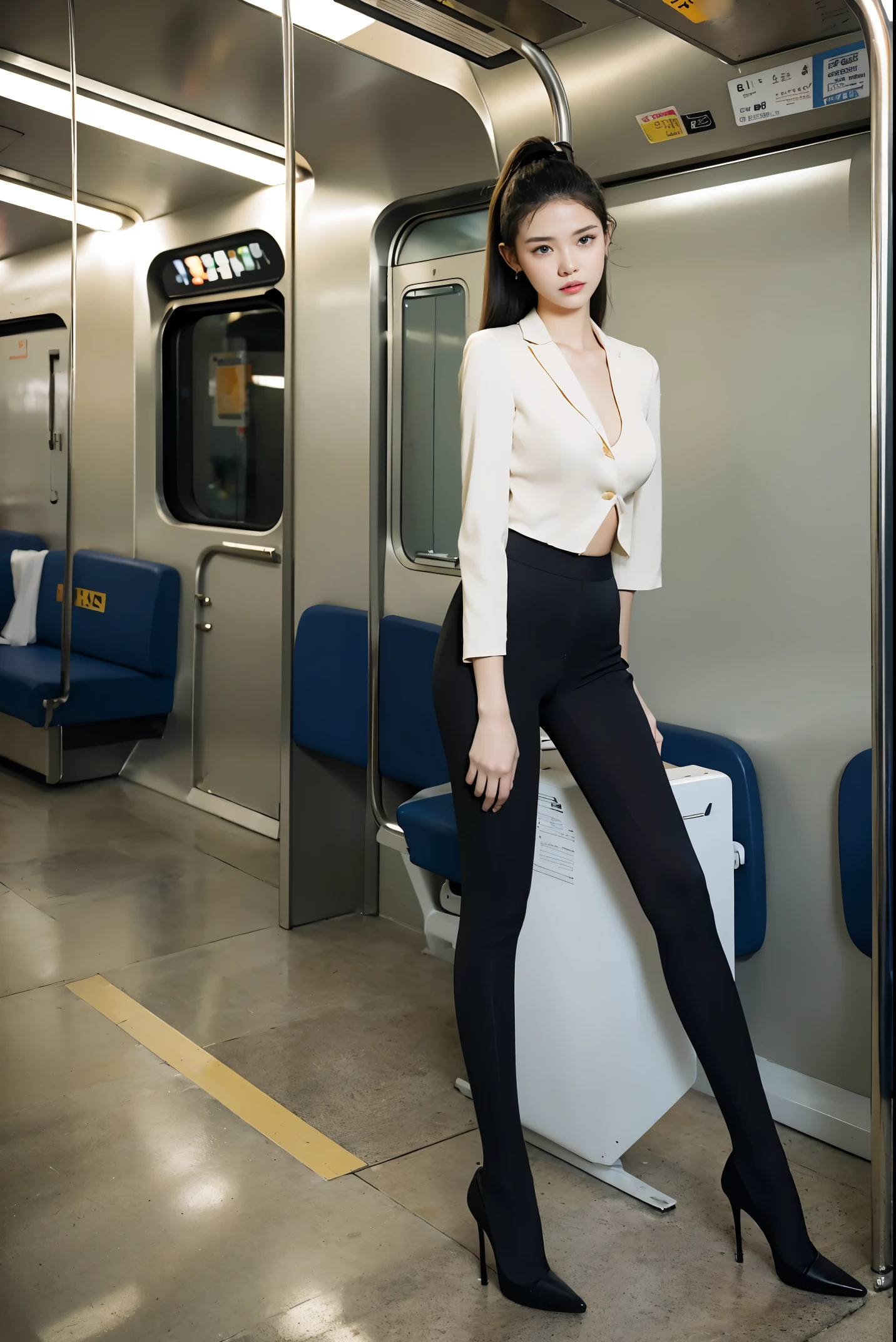best quality, full body portrait, delicate face, pretty face, -yeld wo, slim figure, big bust, OL, office clothing, skin tone, exterior, High heel,Single ball head,On the subway