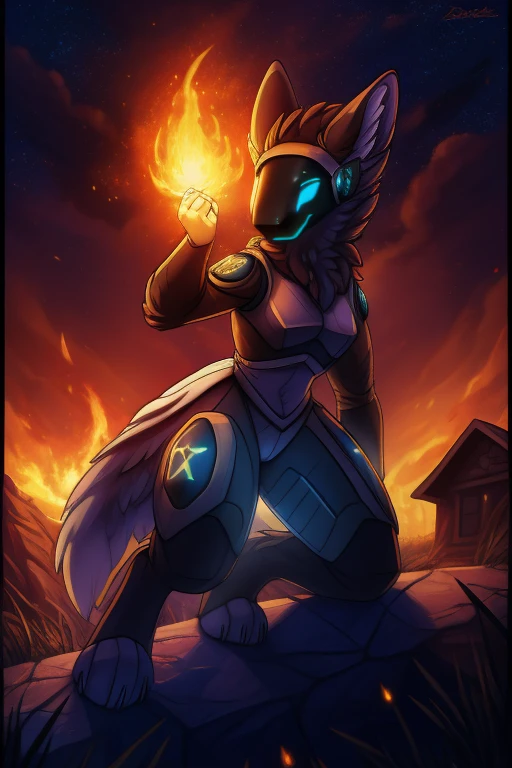 best quality,ultra-detailed,highres,masterpiece:1.2,ultra-fine painting,realistic, HDR, vivid colors, bokeh, studio lighting, physically-based rendering, longeyelashes, beautiful detailed eyes, beautiful detailed lips, extremely detailed eyes and face, 1girl, female protogen, western clothing, dark look, performing dangerous stunt, flames, sparks, in air, above ground, outside, western style, house in the middle of nowhere, ghost town