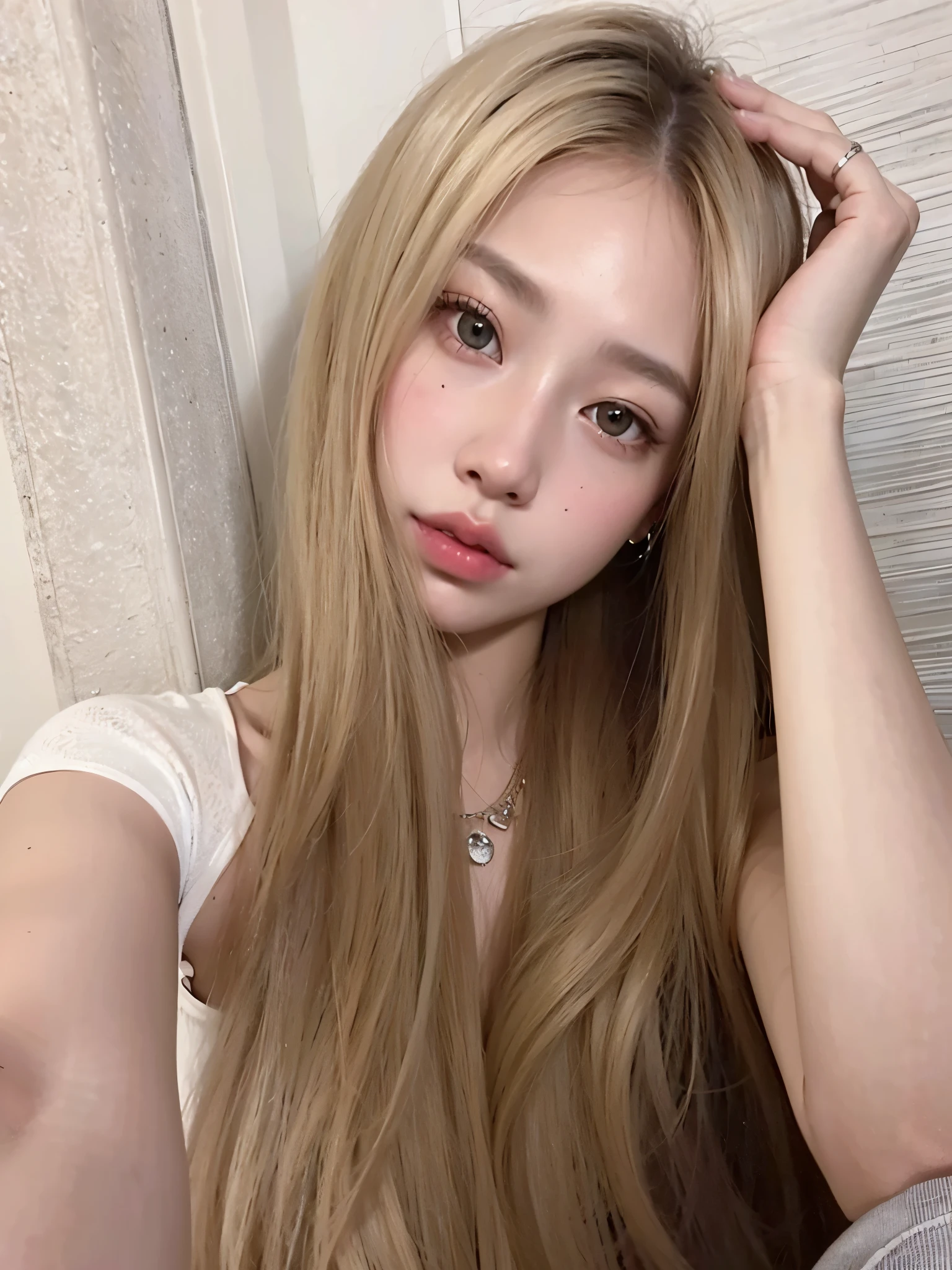 blonde haired girl con cabello largo sitting on a bed, ulzzang, con cabello largo, con pelo largo y rubio, con cabello largo and piercing eyes, maquillaje popular de corea del sur, parque roseanne de blackpink, pelo largo y rubio y ojos grandes, maquillaje coreano popular, con cara redonda, pelo largo y rubio y ojos grandes, Lalisa Manobal, muchacha coreana