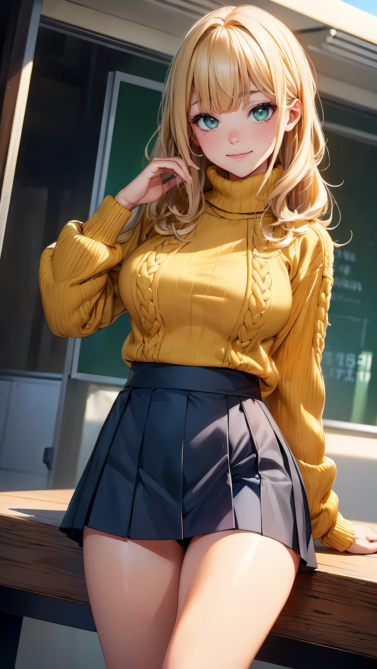 (8K, RAW photo, 最high quality, masterpiece: 1.2), High-definition RAW color photo, Professional photo shoot, cinematic light, alone, (((young woman, gal))), (Sharp features), (small face), (high detail skin: 1.2), clavicle, cute face, beautiful appearance, long eyelashes, (rainbow hair, greenいeye), ((???????????: 1.2)), (beautiful ???????:1.5), (????????? details), spread your legs, I lean back with pleasure, ?????が気持ち良い, ((very detailed???, ?????)), (thin:1.4), very detailed顔と肌の質感, 詳細なeye, double eyelids, 横eyeで見る, Place your hands behind your body, ?????????, ((blonde, long bangs on one side, Asymmetrical bangs, 片eyeが隠れる, wavy hair)), thinボディ, ((open your mouth and smile:1.2, 上eye遣い)), ???????????, normal hip joint, green_eye, cowboy shot, composition from above, (((Yellow knitwear:1.5, Turtleneck knitwear, Dark blue coat, black skirt, Seductive thighs))), at the cafe,drink coffee,  見つめるeye, beautiful skin, shiny skin, perfect fingers, five fingers, anatomically correct, background bokeh, high quality, surreal, bright colors, ((very detailed, photo shoot)),