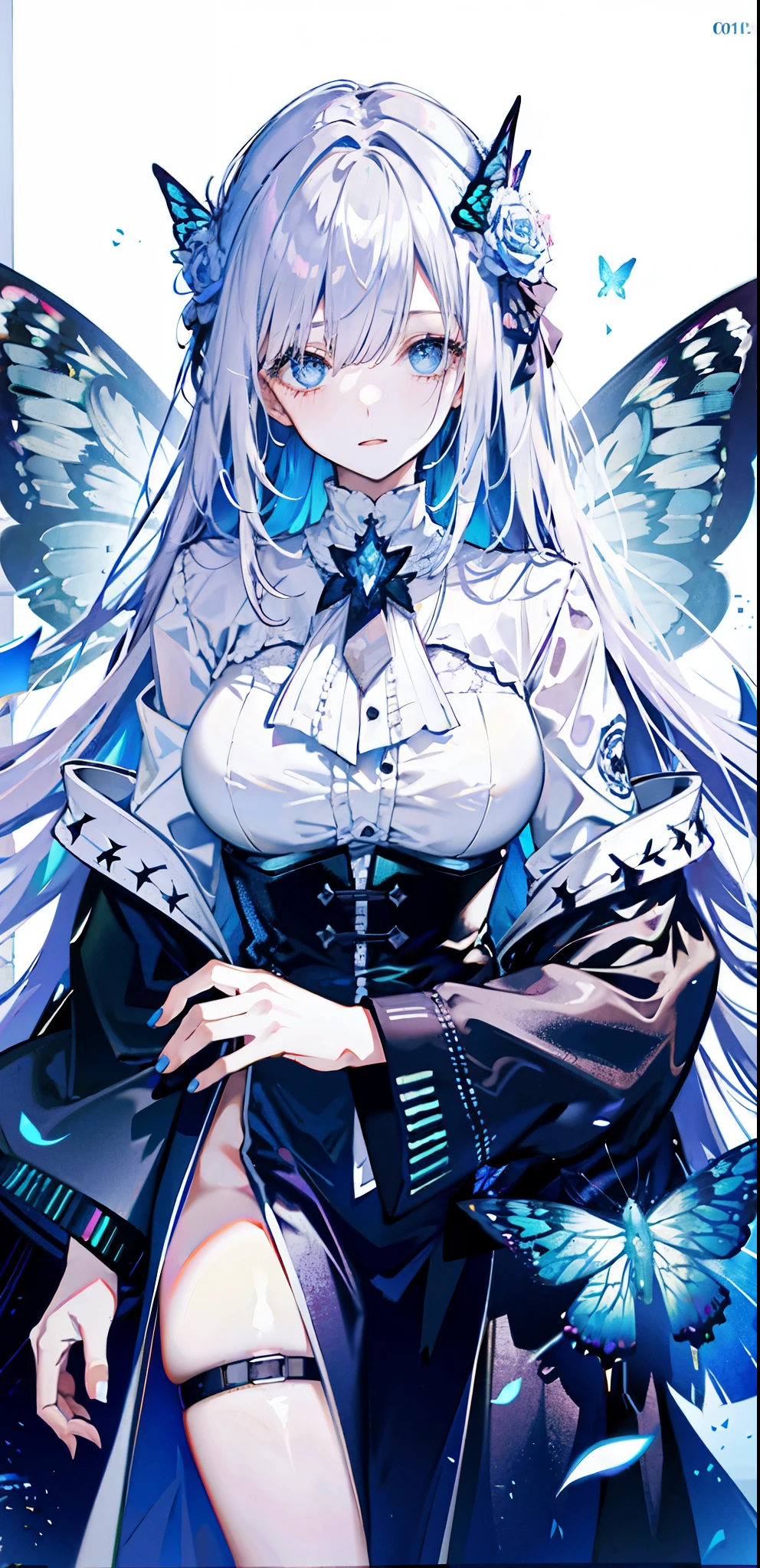 silver hair,Butterfly,long gray hair,8k wallpaper,Detailed background,Highest resolution,Deep V big breasts,hair covering one eye,Church background,White Rose,Tight,moon,