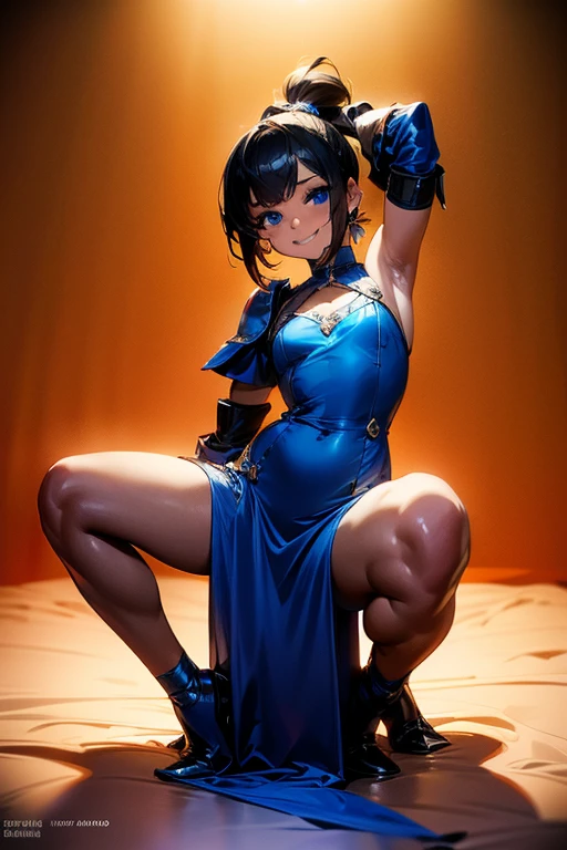 ,young, short girl, (brown skin1.8), full body, (blue eyes1.6), big smile, short hair, black hair, ponytail, blue dress, red chest armor, spread legs