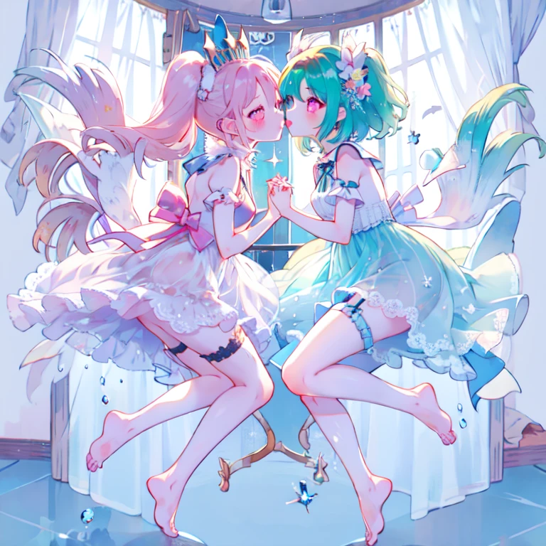 (2girls:1.1),(holding hands:1.1)，（kiss on the lips:1.1），(4girls:1.1)，Transparent pink garter stockings，whole body，barefoot，lace，pastel colors，Soft contrast，fair skin，The skin is delicate and shiny