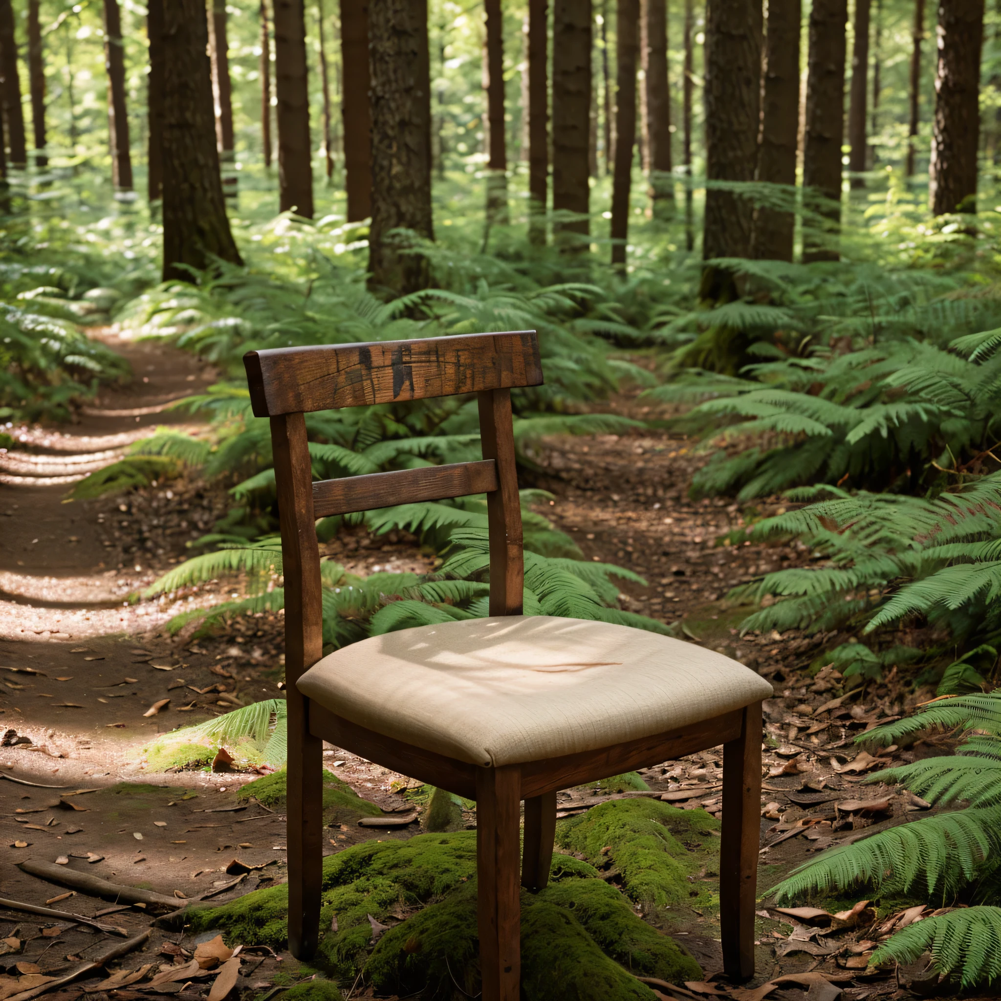 photo of a chair in a forest, realistic, sharp, high resolution, 8k, Photography, crisp, crunchy, and malleable