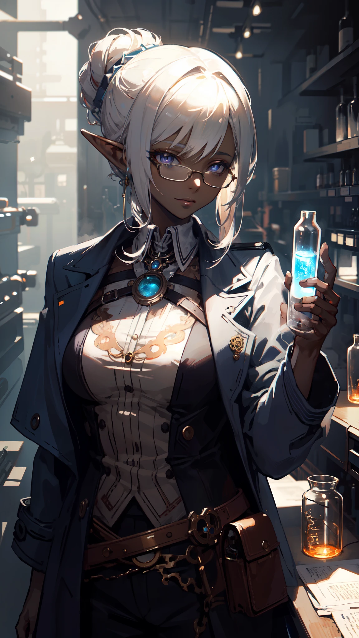 ((masterpiece )), (top quality), (best quality), ((ultra-detailed, 8k quality)), Aesthetics, Cinematic lighting, (detailed line art), Beautiful digital artwork, Exquisite digital illustration, absurdres, (best composition),
BREAK,
a female dark elf who is a scientist, (scientist clothes:1.2), (jacket lab, Coat:1.2), glasses, (steampunk style:1.1), (holding of shimmering blue sea crystals), (background of scientific laboratory, laboratory, filled with tubes, bottles, and equipment), SteamPunkAI, CogPunkAI, cell shading, cinematic dramatic atmosphere, high quality cell shaded illustration in Fantasy steampunk style by Yoji Shinkawa, detailed and intricate environment, artstation, concept art, fluid and sharp focus, dynamic angle, by ((Mikimoto Haruhiko)),
BREAK,
highly detailed of (dark elf), (1girl), perfect face, details eye, parted, sidelock, hairbun,blonde white hair, violet eyes, eyelashes, eyeshadow, pink eyeshadow, smile, design art by Mikimoto Haruhiko, by Kawacy, By Yoshitaka Amano,
BREAK,
((perfect anatomy)), nice body, medium breast, (extremely detailed finger), best hands, perfect face, beautiful face, beautiful eyes, perfect eyes, (perfect fingers), correct anatomy, (Dark skin:1.2)