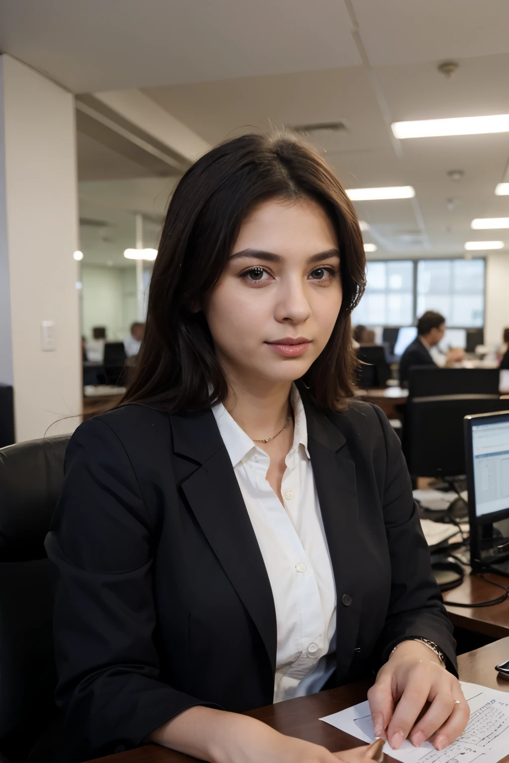 ((best quality)), ((masterpiece)), (detailed), perfect face portrait view only. there is an office of news channel. there a many employees working in it but there is a girl in full office formal clothes working in a pc