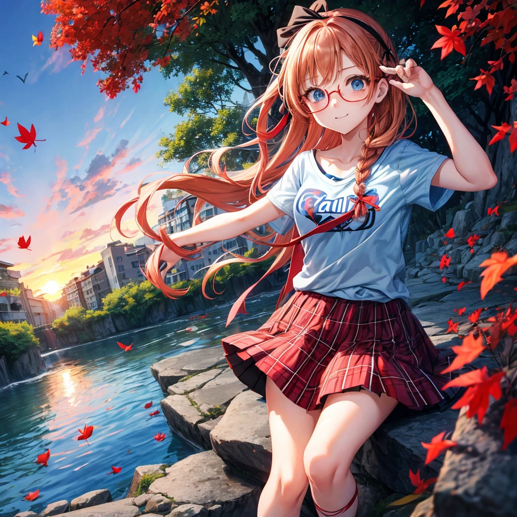 Red-blonde、blue hair、blue eyes、Braid、one good looking girl、solo、anime、Plaid miniskirt、camisole、black t-shirt、Tilting your face、Doing the ribbon、Ribbon at waist、sunset sky、stone stairs、petal、tunnel、Fallen leaves、wearing glasses、waterfall、paper airplane、pushing a pink bicycle