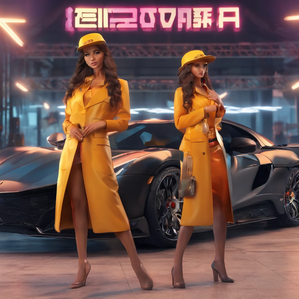 Digital creation background Gangster women in uniform in front of digital logo wearing hats Cars next to women in front of digital logo Create with hi-lights 4k