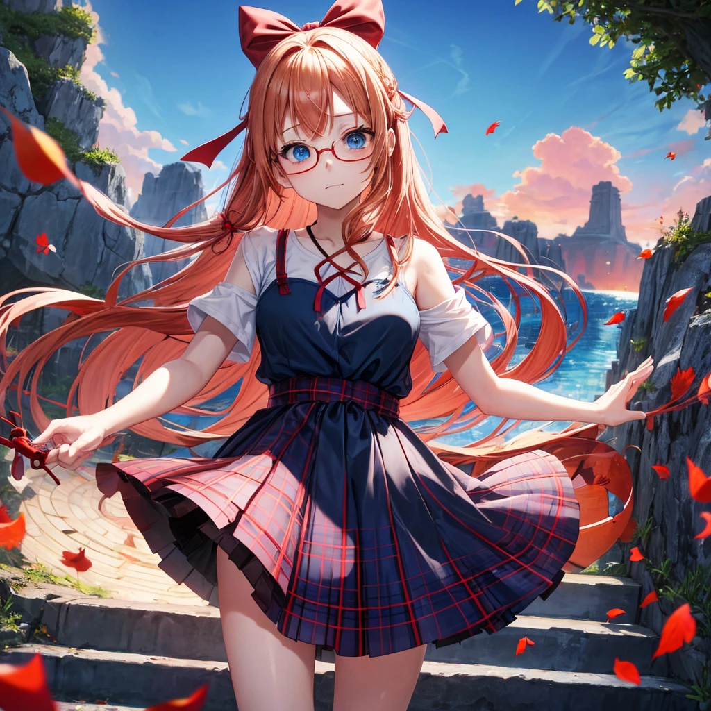 Red-blonde、blue hair、blue eyes、Braid、one good looking girl、solo、anime、Plaid miniskirt、camisole、black t-shirt、Tilting your face、Doing the ribbon、Ribbon at waist、sunset sky、stone stairs、petal、tunnel、Fallen leaves、wearing glasses、waterfall、paper airplane、pushing a pink bicycle