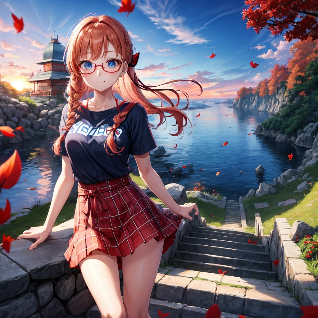 Red-blonde、blue hair、blue eyes、Braid、one good looking girl、solo、anime、Plaid miniskirt、camisole、black t-shirt、Tilting your face、Doing the ribbon、Ribbon at waist、sunset sky、stone stairs、petal、tunnel、Fallen leaves、wearing glasses、waterfall、paper airplane、pushing a pink bicycle