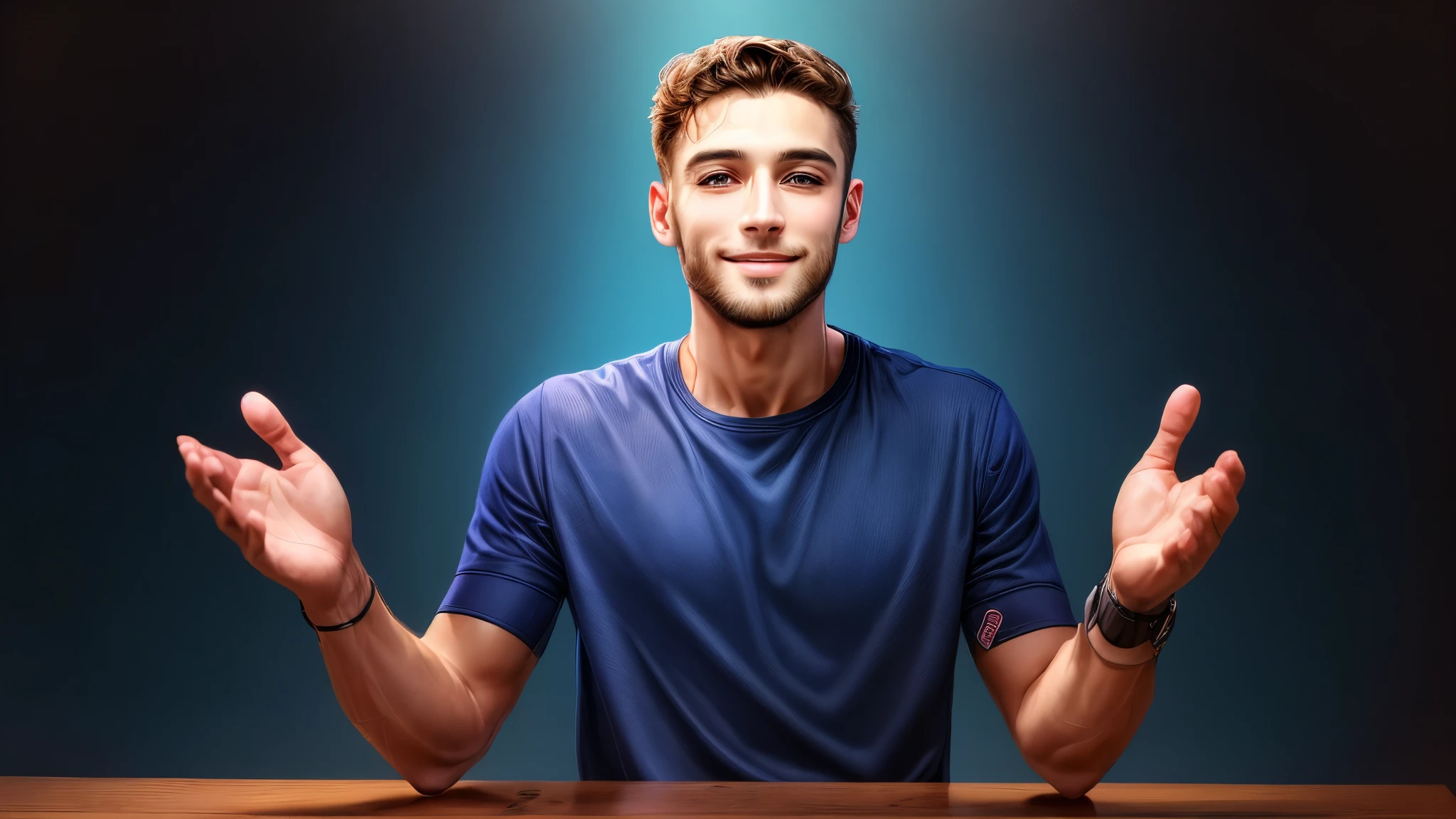there is a man that is standing behind a table, with a blue background, smiling. blue background, clean background, solid background, high quality portrait, background removed, without text, young handsome man,