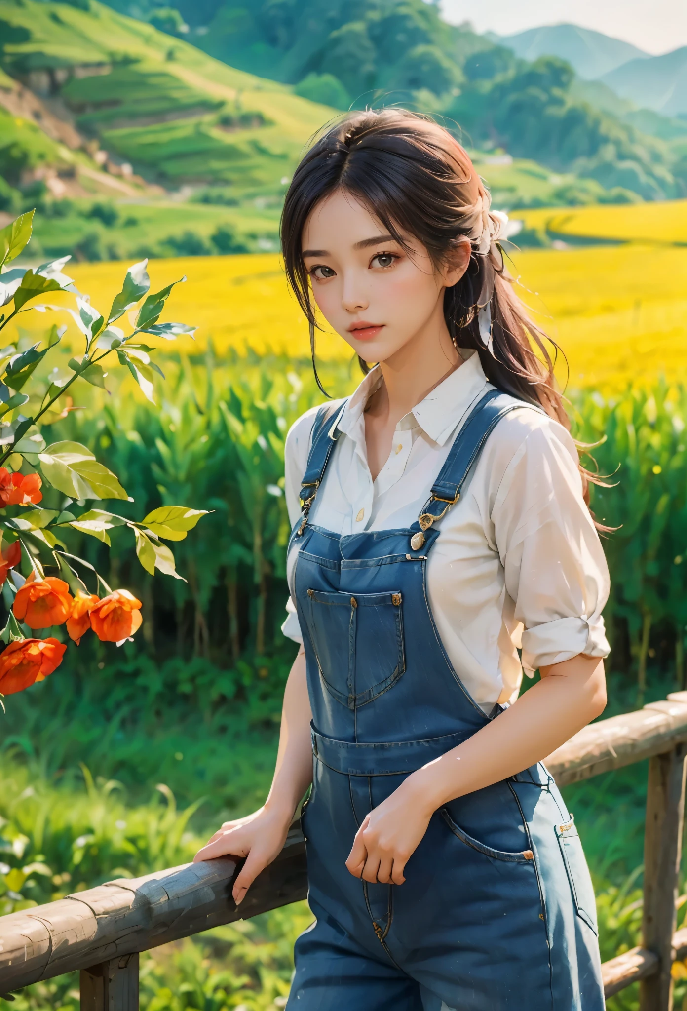 Imaginative thoughts on your dream girlfriend、Warm depiction，Envisioned as a dream lover and lifelong partner。She embodies the simplicity of Chinese rural girls、Industrious，Integrated with wisdom、Beautiful and hard-working character。This artistic depiction shows her in a rural setting，Exuding sweetness、Romantic atmosphere。((She wears simple denim overalls and a white shirt))，Reflecting her humble origins and down-to-earth character。Her facial features are gentle and beautiful，The expression is kind、Tempting。The background is a picturesque rural landscape，Rolling hills、Fields and traditional country houses，Adds a sweet rustic romantic charm。The overall style blends realism and idealized rural beauty，embodies the dreamlike、The Essence of a Cute Country Girl, (floral watercolor painting:1.5)，(Super high saturation, bright and vivid colors:1.5), (nsfw), (Look at the audience head-on:1.5)