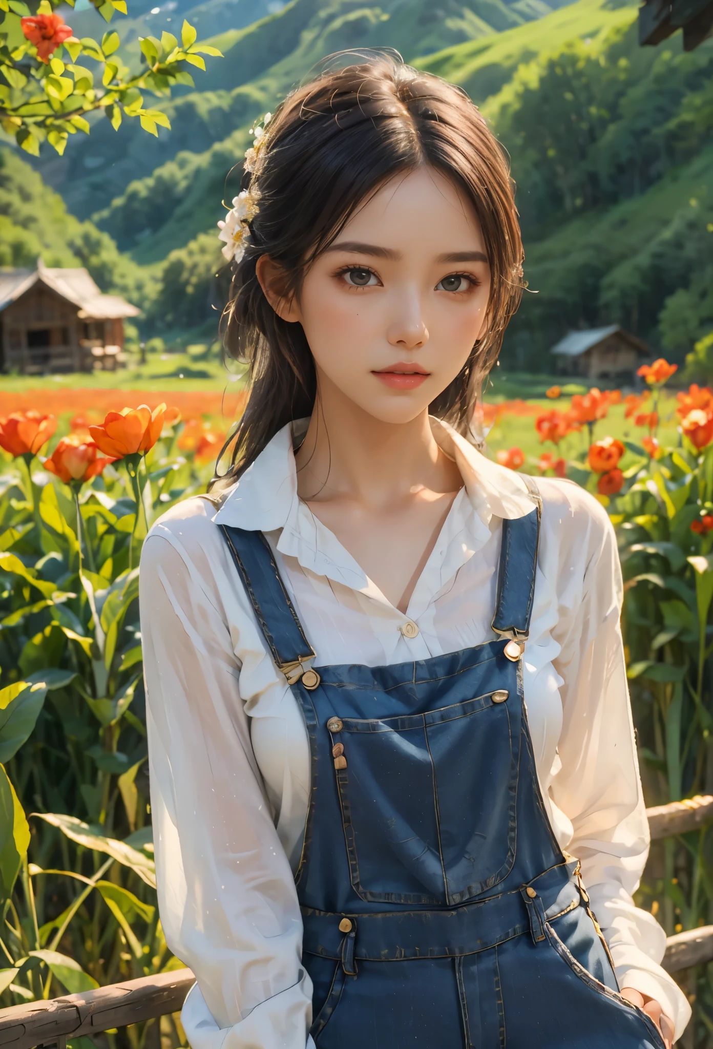 Imaginative thoughts on your dream girlfriend、Warm depiction,Envisioned as a dream lover and lifelong partner。She embodies the simplicity of Chinese rural girls、Industrious,Integrated with wisdom、Beautiful and hard-working character。This artistic depiction shows her in a rural setting,Exuding sweetness、Romantic atmosphere。((She wears simple denim overalls and a white shirt)),Reflecting her humble origins and down-to-earth character。Her facial features are gentle and beautiful,The expression is kind、Tempting。The background is a picturesque rural landscape,Rolling hills、Fields and traditional country houses,Adds a sweet rustic romantic charm。The overall style blends realism and idealized rural beauty,embodies the dreamlike、The Essence of a Cute Country Girl, (floral watercolor painting:1.5),(Super high saturation, bright and vivid colors:1.5), (nsfw), (Look at the audience head-on:1.5)