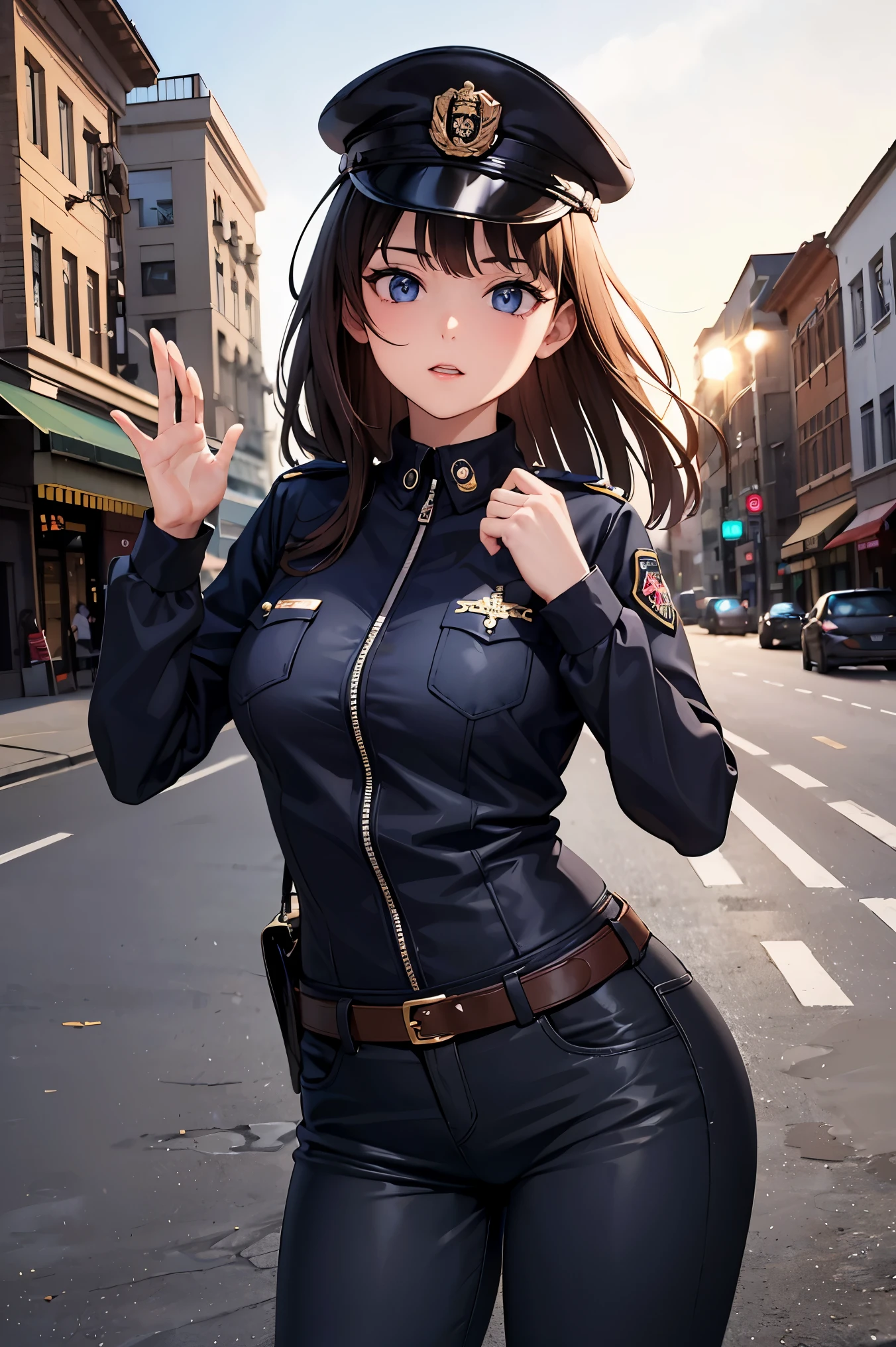 ((masterpiece, best quality, ultra-detailed, very fine 8KCG wallpapers)), 1girl, solo, medium breasts, cop, down town, cop costume, nice hands, perfect hands,