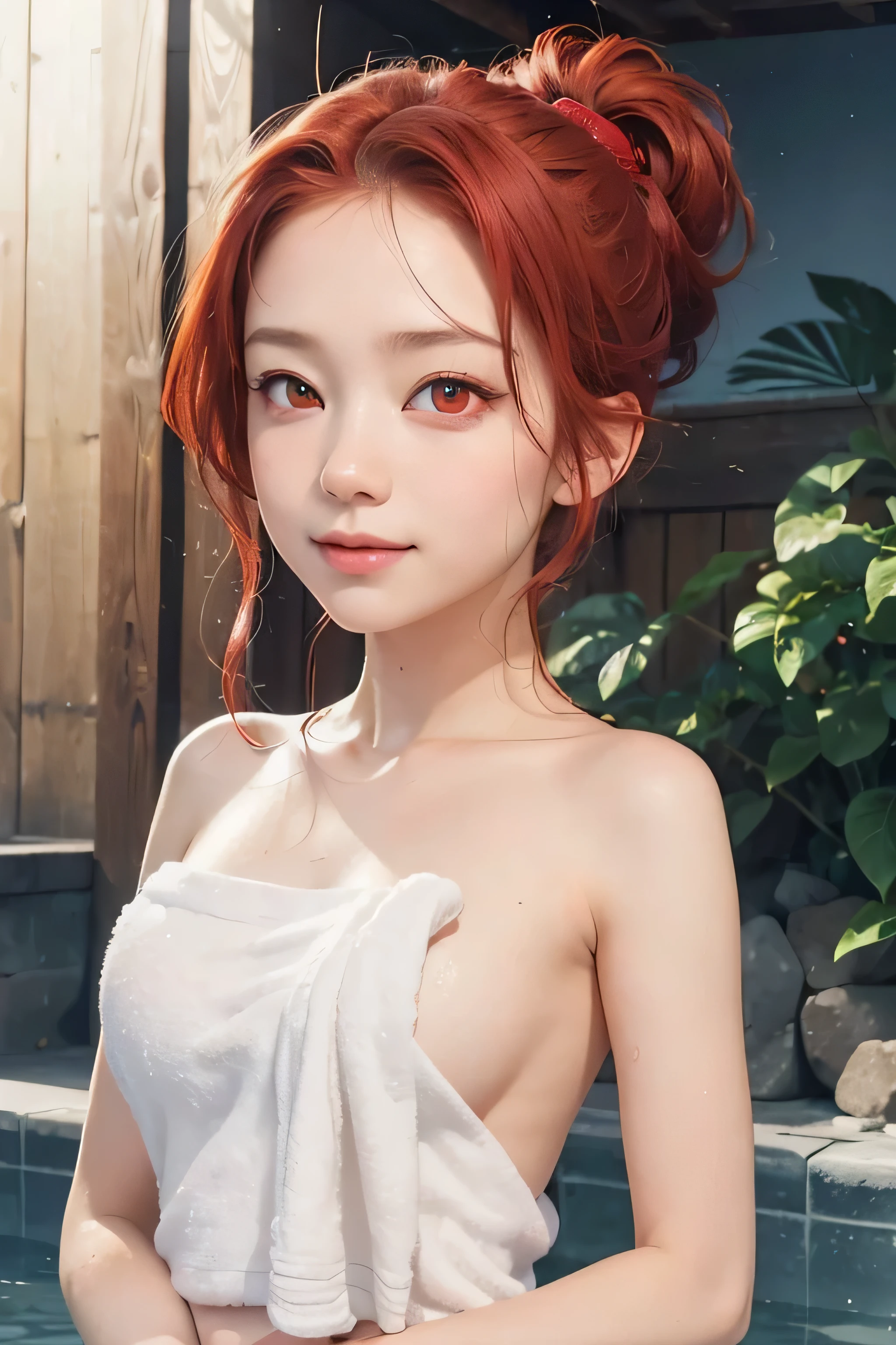 Realistic,masterpiece, best quality, (realistic,photo-realistic:1.4), (RAW photo:1.2),extremely detailed CG unity 8k wallpaper, delicate and beautiful, amazing,finely detail, official art, absurdres, incredibly absurdres, huge filesize, ultra-detailed,extremely detailed eyes and face, light on face,little smile,(red hair:1.3),ponytail,pool,(wearing towel:1.4),(red eyes:1.5)