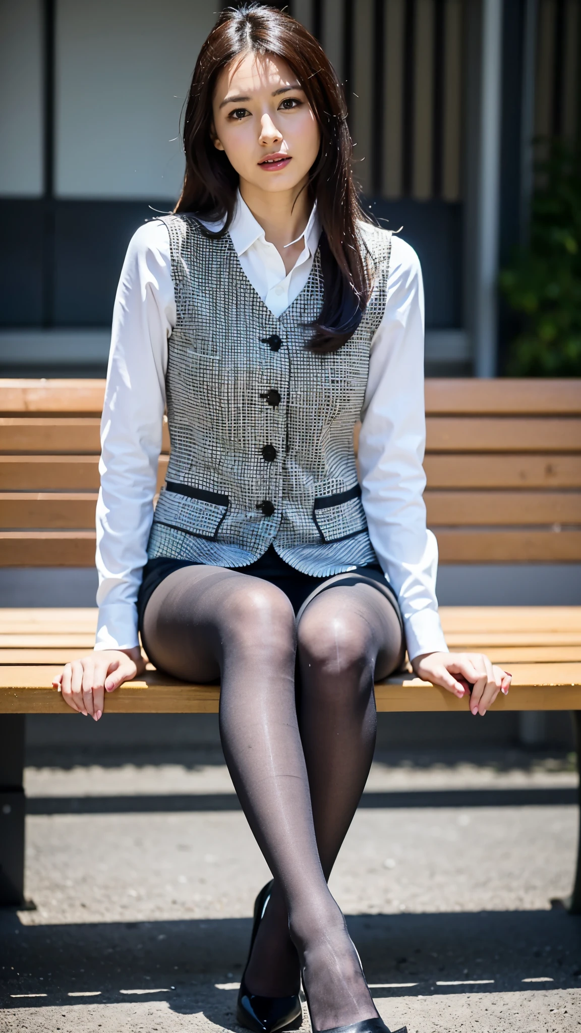 Ulchan-6500-v1.1, (RAW photo:1.2), (Photoreal), (genuine:1.4), 1girl、perfect anatomy、48 years old、look at the camera、medium long hair、yellow checkered vest、((sitting on the bench:1.3))、(super realistic pantyhose:1.2), (high heels)、(Business service)、