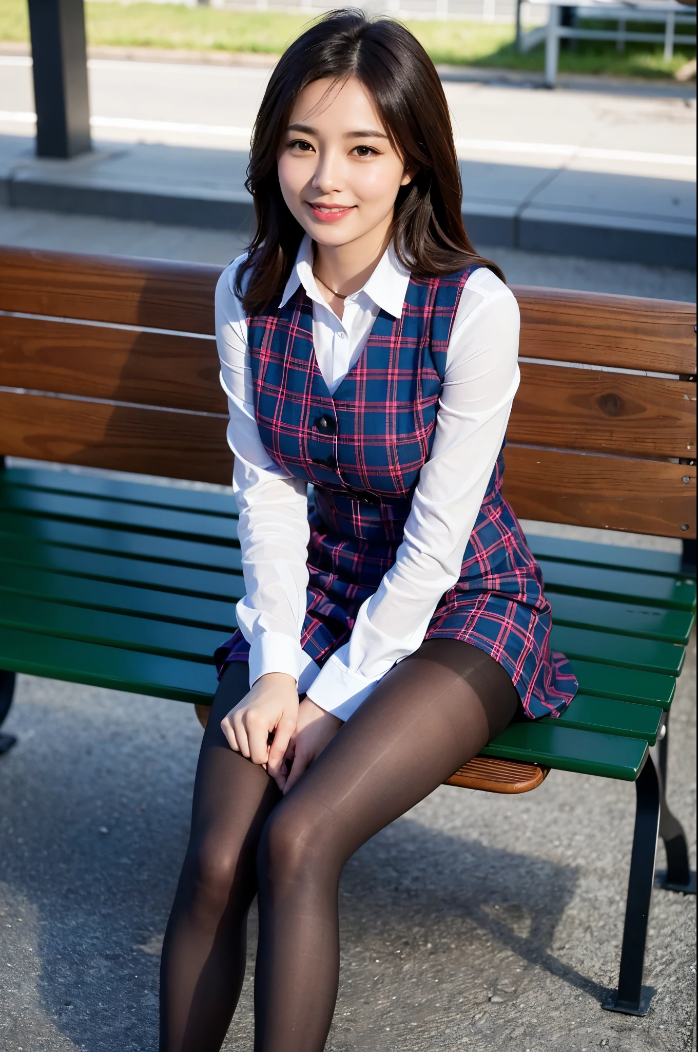 Ulchan-6500-v1.1, (RAW photo:1.2), (Photoreal), (genuine: 1.4), １girl、perfect anatomy、43 years old、plaid vest、((sitting on the bench:1.3))、(super realistic pantyhose:1.2), (high heels)、(Business service)、(very affectionate smile:1.2)、huge file size, High resolution, very detailed, highest quality, [masterpiece:1.6], enlightenment, very detailed, finely, highest quality, 8k wallpaper, movie lighting, perfect body shape, highest quality,  