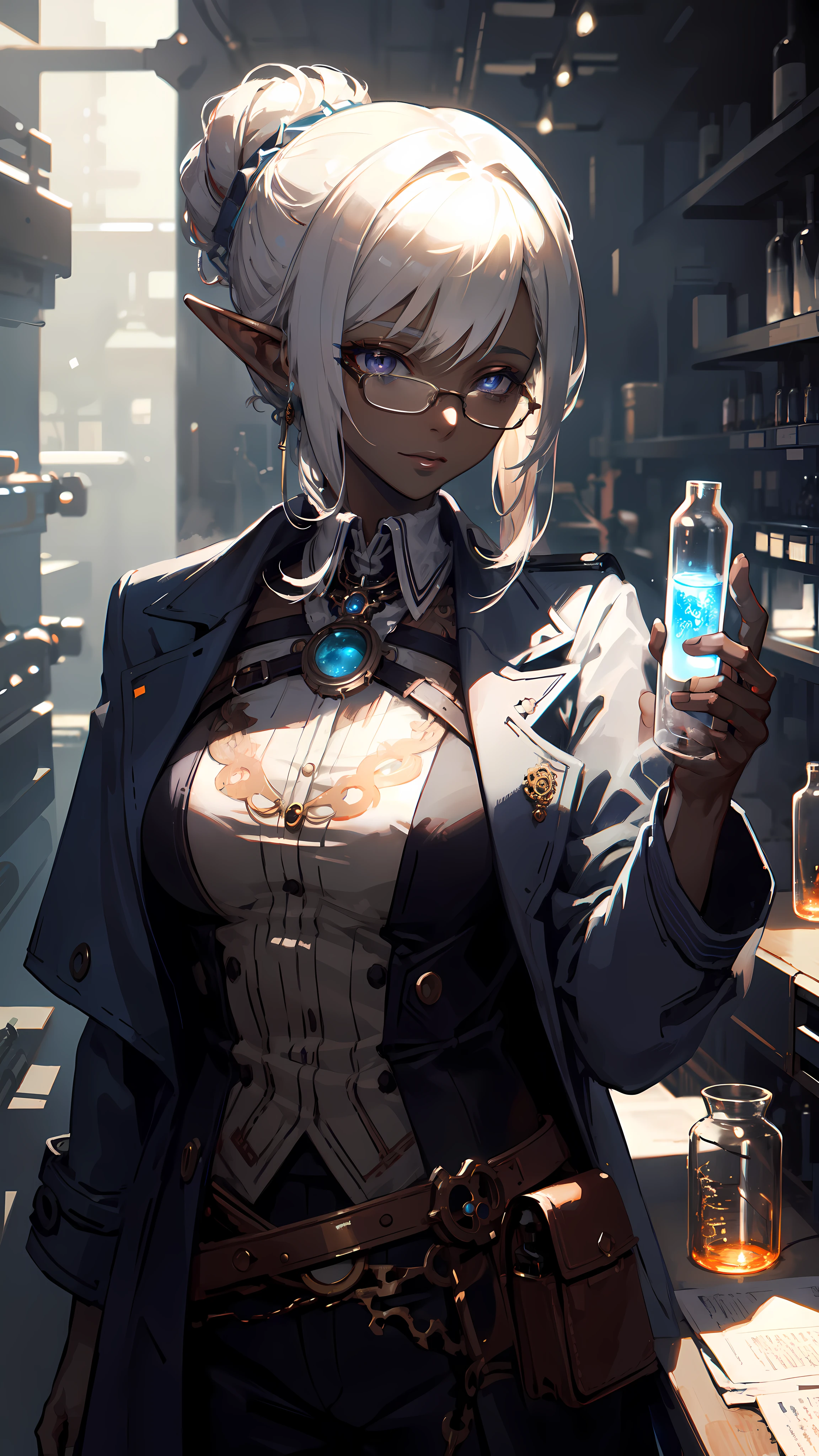 ((masterpiece )), (top quality), (best quality), ((ultra-detailed, 8k quality)), Aesthetics, Cinematic lighting, (detailed line art), Beautiful digital artwork, Exquisite digital illustration, absurdres, (best composition),
BREAK,
a female dark elf who is a scientist, (scientist clothes:1.2), (jacket lab, Coat:1.2), glasses, (steampunk style:1.1), (holding of shimmering blue sea crystals), (background of scientific laboratory, laboratory, filled with tubes, bottles, and equipment), SteamPunkAI, CogPunkAI, cell shading, cinematic dramatic atmosphere, high quality cell shaded illustration in Fantasy steampunk style by Yoji Shinkawa, detailed and intricate environment, artstation, concept art, fluid and sharp focus, dynamic angle, by ((Mikimoto Haruhiko)),
BREAK,
highly detailed of (dark elf), (1girl), perfect face, details eye, parted, sidelock, hairbun,blonde white hair, violet eyes, eyelashes, eyeshadow, pink eyeshadow, smile, design art by Mikimoto Haruhiko, by Kawacy, By Yoshitaka Amano,
BREAK,
((perfect anatomy)), nice body, medium breast, (extremely detailed finger), best hands, perfect face, beautiful face, beautiful eyes, perfect eyes, (perfect fingers), correct anatomy, (Dark skin:1.2)