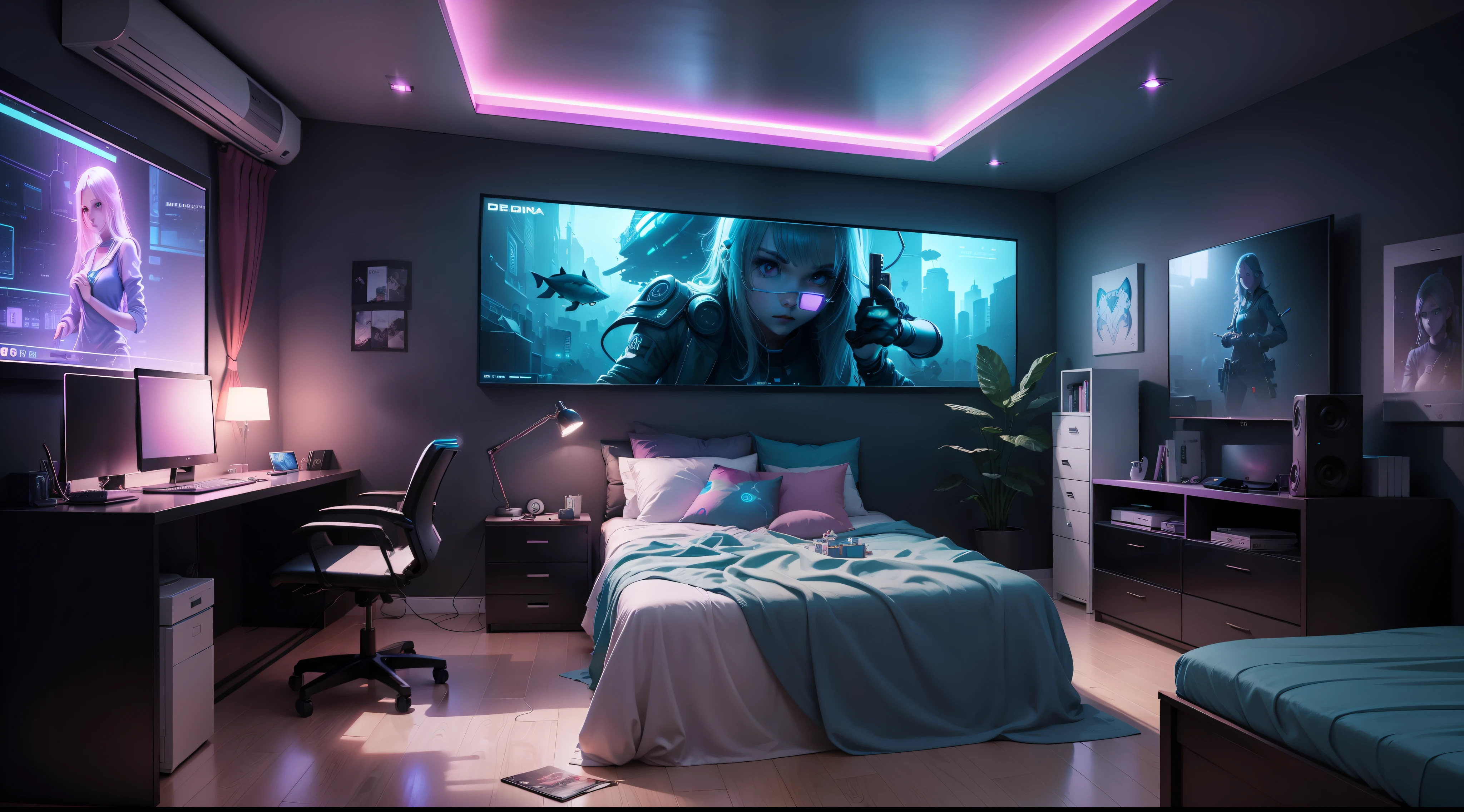 ((best qualtiy)), ((tmasterpiece)), 1 girl, Bedrooms, gaming bedroom, Player desktop, Code desktop,hacking, neon room,With fish display