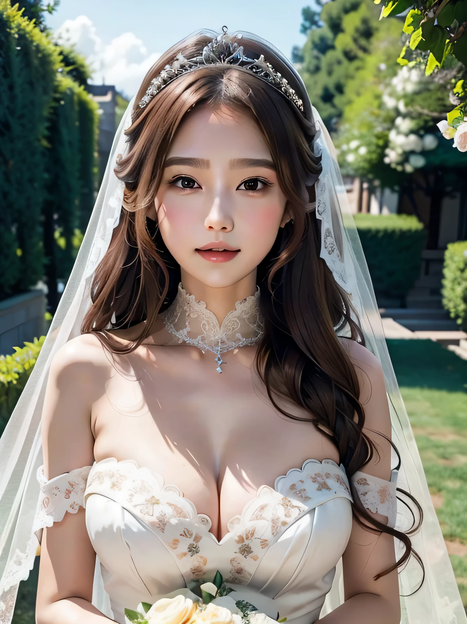 fantasy、long hair、light brown hair、cute woman、透き通るようなwhite skin、white skin、Transparency、Garden Wedding、Rose、Wedding dress、all lace dress、veil、tiara、Upper body、、thin eyebrows、Rounded face、happiness、bouquet、big breasts、