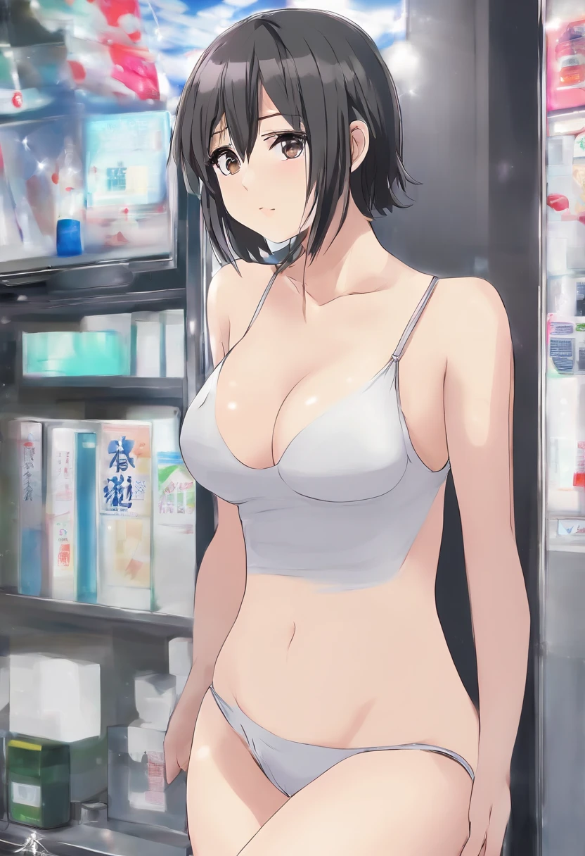 Akeno Himejima, naked in public, wearing no clothes, completely exposed, tits out, pussy out, slightly hairy pussy, bent over showing her ass to the audience, she is embarrassed to be naked in front of so many people, she is blushing
