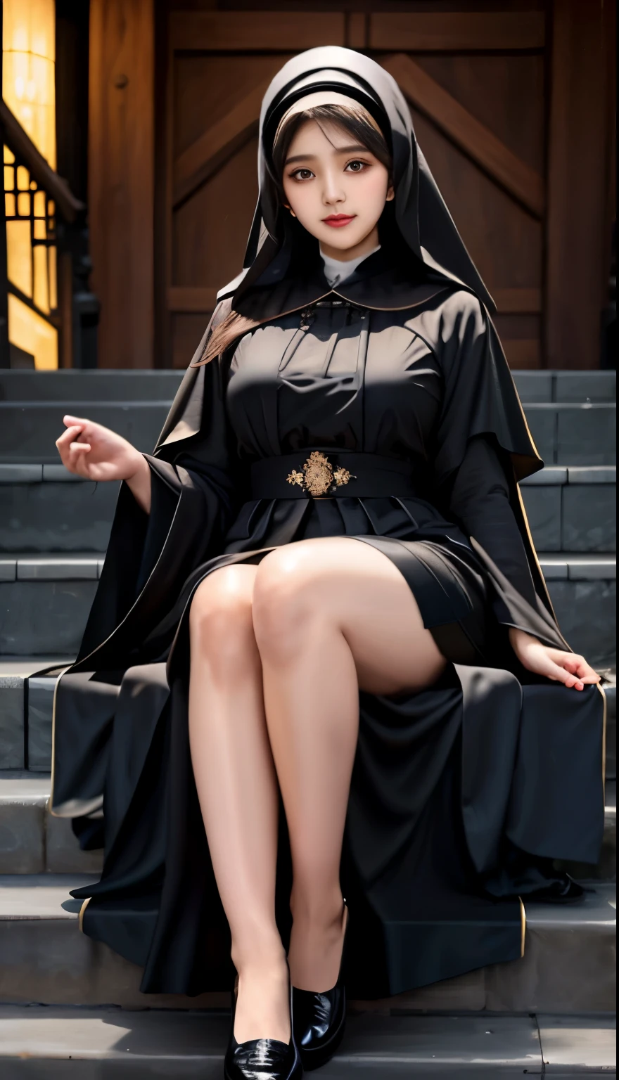 woman in black dress sitting on steps with white shoes, woman in black robes, wearing a black robe, wearing black robe, wearing dark robe, wearing a hijab, wearing black clothes and cape, wearing black robes, large thighs, muslim fashion model, she is wearing a black dress, plus size woman, wearing dark robes, wearing black clothes, wearing a black cloak, hijab syariah, wanita berhijab