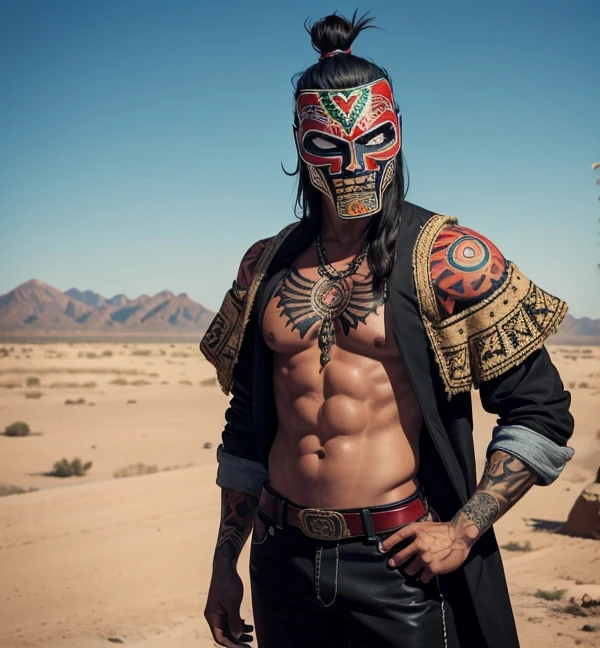 skinny Mexican. Lucha libre. Against the background of the steppe. Luchador mask. Aztec tattoos on the body. black trousers. early 20th century. Cowboy coat