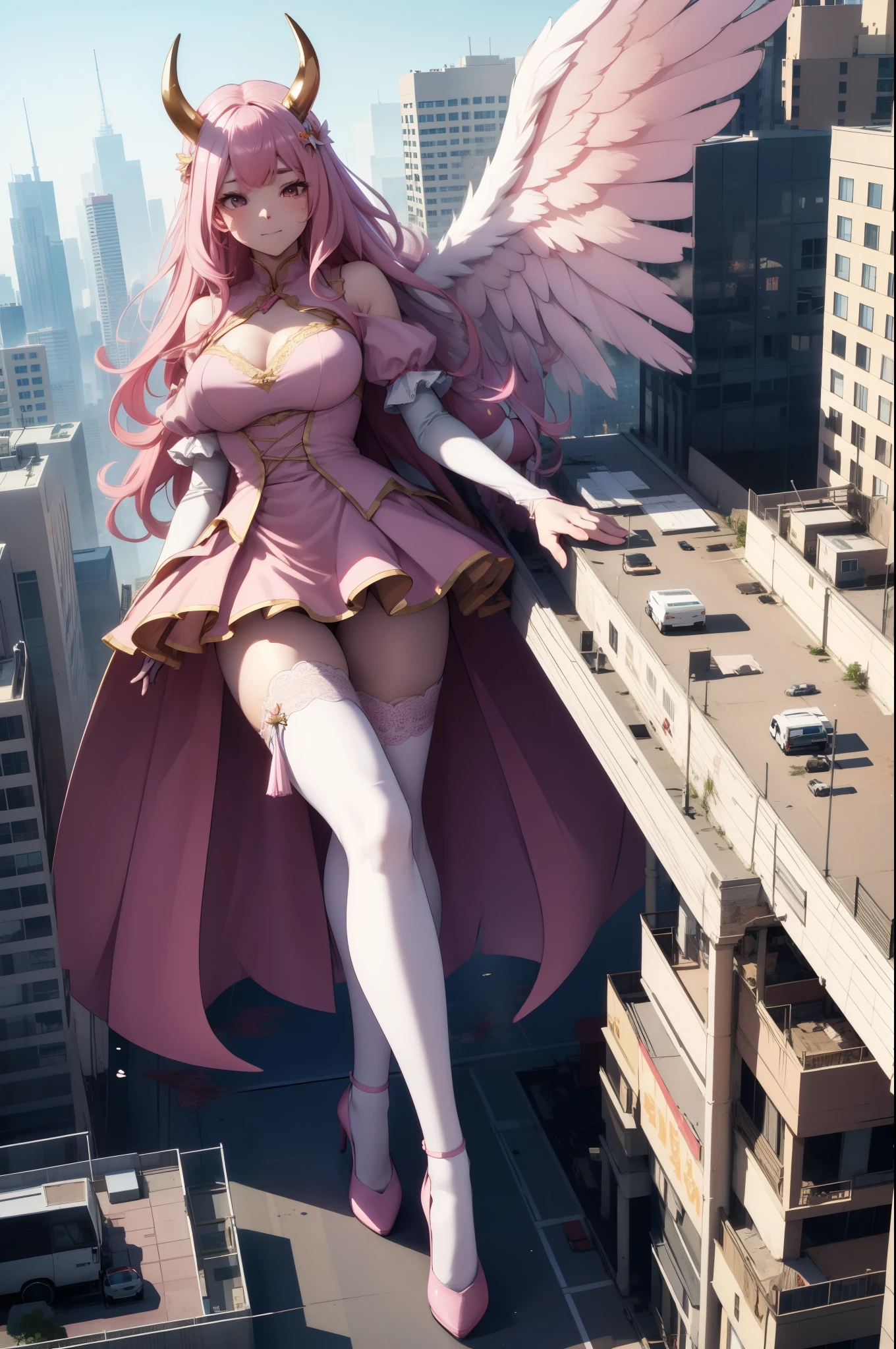 Aerial View,giant girl 50,000 feet high,Weight 1000kg,Have a pair of long legs,Has a pair of huge pink angel wings,With huge devil horns on his head,Has waist-length pink hair,loose hair,Pink wavy hair,Wearing a pair of pink Mary Jane high heels,Pink lace gloves,Pink lace pantyhose,粉色蕾丝whole body,Standing upright on a small city,Beautiful appearance,Exquisite makeup,quality,8k,高quality,Perfect proportion, Cinema lighting,film grain,Fuji colors,8k,textured skin,Super details,high detail,high resolution,fake smile,blood stains,脚底有blood stains,whole body,Obese,feather