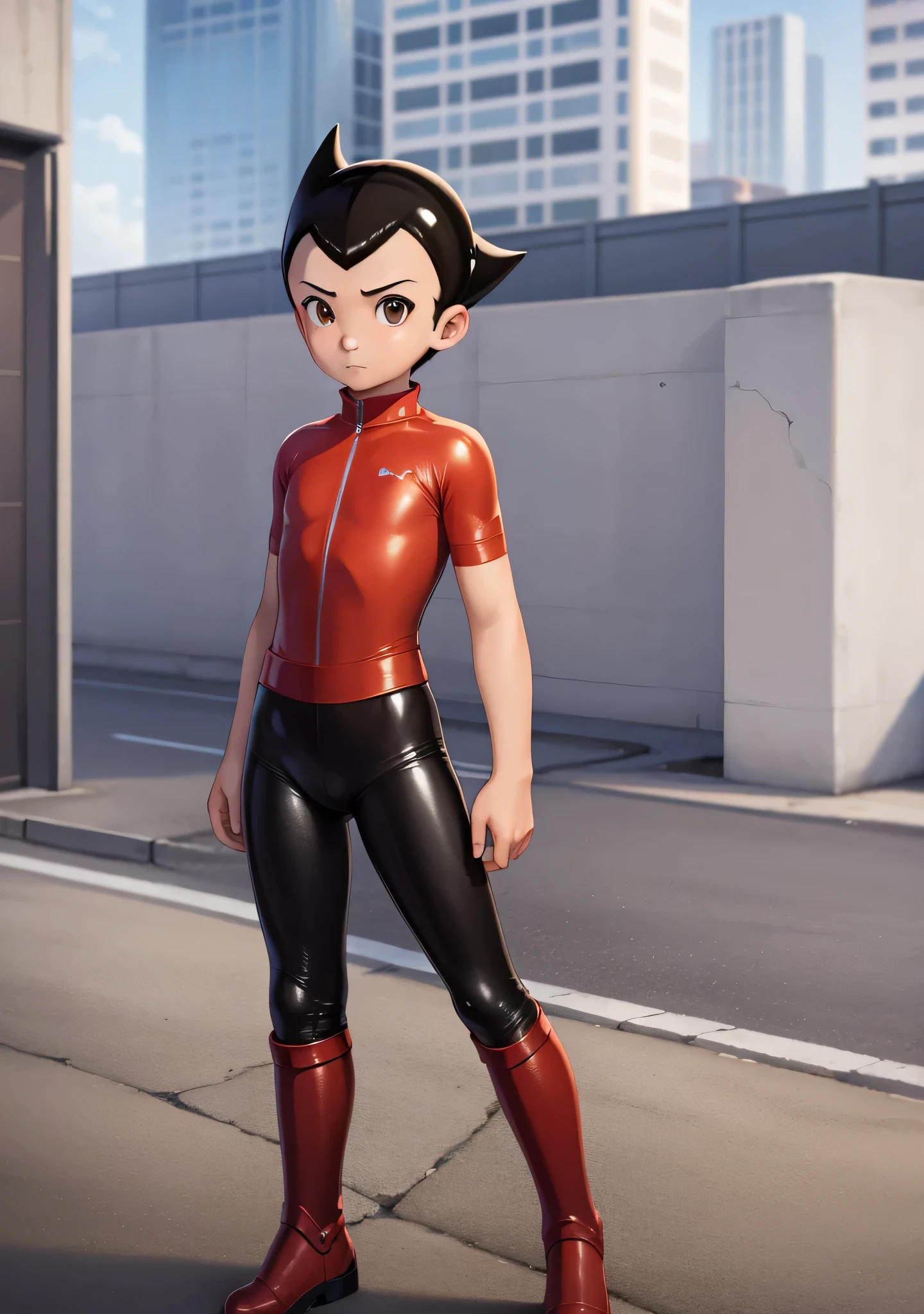 ((best quality)), ((masterpiece)), (detailed), safe, solo, 1boy, perfect face, full body image of Astro Boy, leaning against a railing, looking out at the city, brown eyes, wearing a shiny black catsuit and red boots