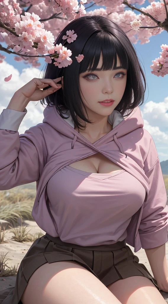 masterpiece, absurdres, hinata\(boruto\), 1girl, solo,mature female, red hoodie,layered sleeves, brown skirt,  outdoors,lavender flower field, looking at viewer, (falling petals), cloudy sky, perfect composition, detailed lips, big breast, cleavage,beautiful face, body propotion, blush, (pink lips), long hair,  purple eyes,with red eye glass,  soft gaze, sad smile,  super realistic, detailed, photoshoot, realistic face and body,  realistic hair, realistic eyes, realistic nose, realistic lips