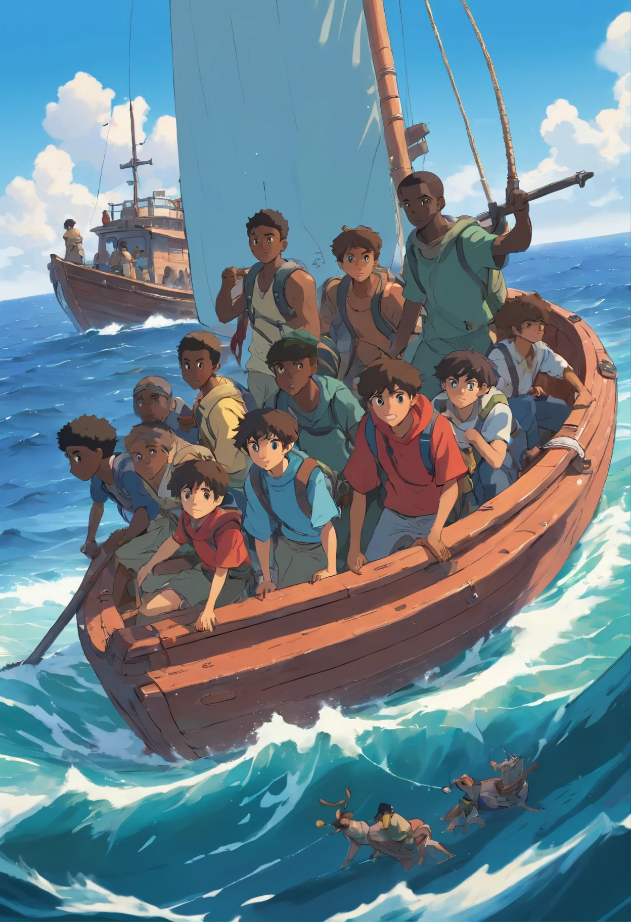 3 lean young african men with dark skin tone short hair shave. with backpacks and on a  robber boat in the ocean with other african migrants, the sea is rough and water in entering the boat , 4k, 8K, (best quality, masterpiece) ultra wide