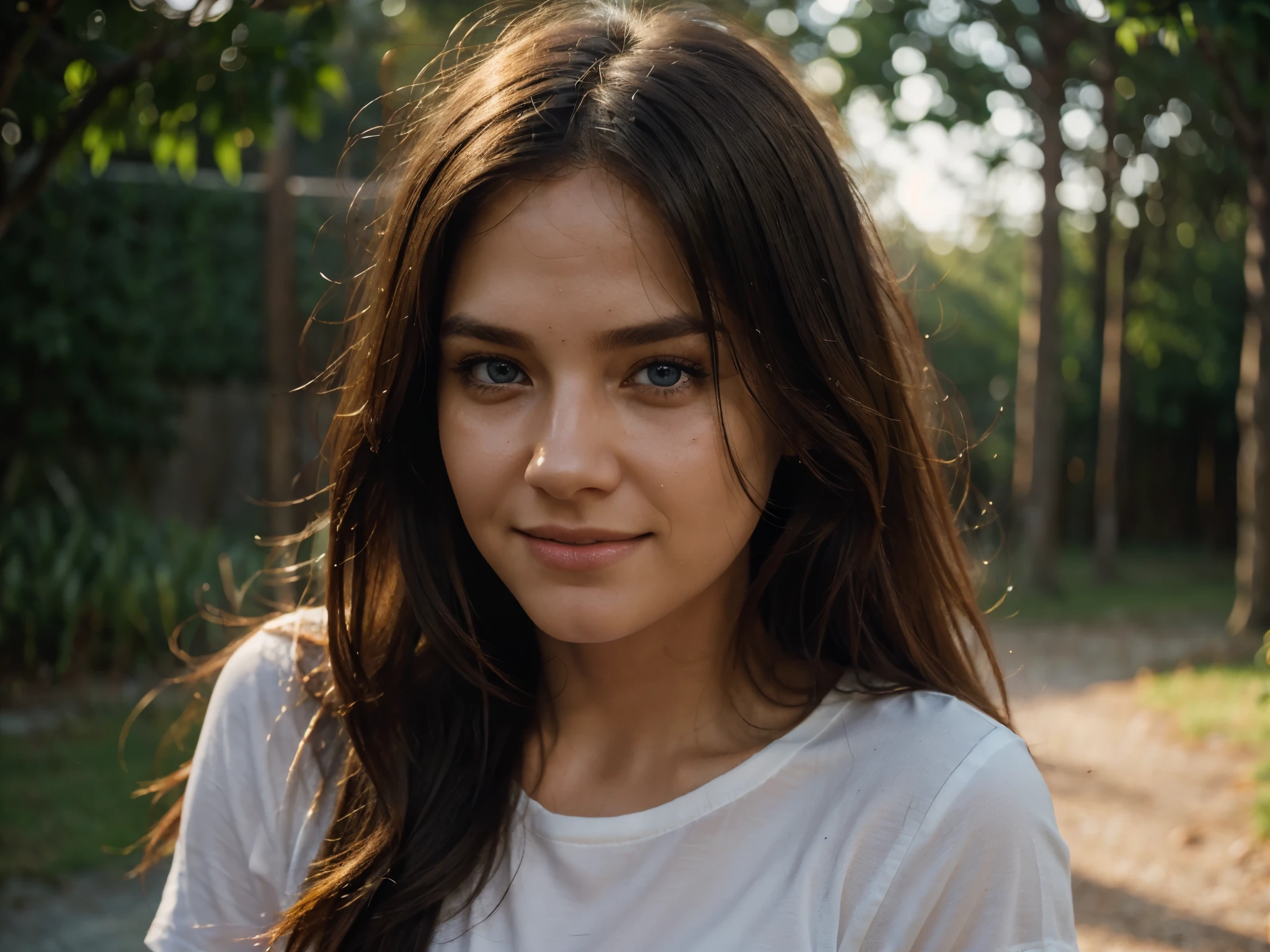 dressed, (photo realistic: 1.4), (hyperrealistic: 1.4), (real: 1.3), (smoother lighting: 1.05), (improved lighting quality in movies: 0.9), 32K, 1 girl, 24 year old girl, realistic lighting, backlight, face light, ray trace, (brighten light: 1.2), (increase quality: 1.4), (Top Quality Real Texture Skin: 1.4), Fine Blue Eyes, Fine Slightly Dark Toned color Face, (tired, sleepy and joyful), (laughs), face close-up, white t-shirt, (Body line mood up: 1.1), (Skin texture beauty up: 1.1), orange backlight at dusk, messy long hair dyed in orange light, light and shadow, dark evening, smile