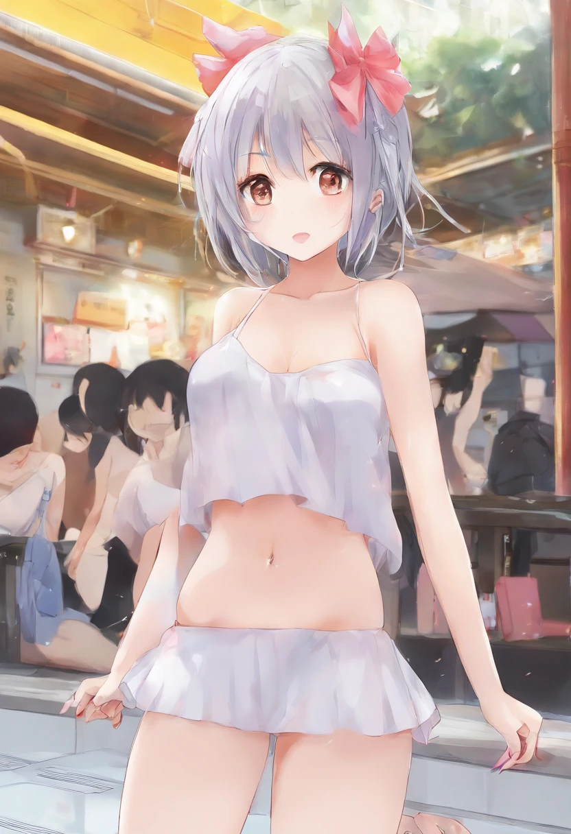 Cute anime girl, naked in public, wearing no clothes, completely exposed, naked, exposed, vulnerable, tits out, pussy out, slightly hairy pussy, bent over showing her ass to the audience, she is embarrassed to be naked in front of so many people, she is blushing