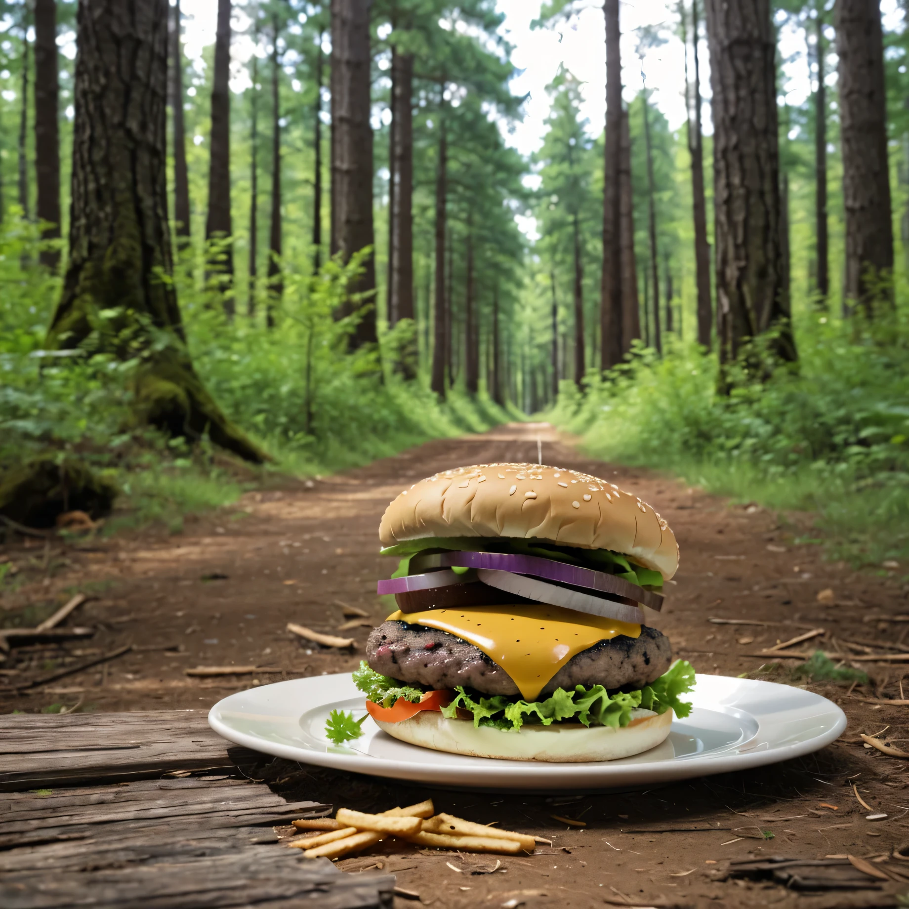 photo of a burger in a forest, realistic, sharp, high resolution, 8k, Photography, crisp, crunchy, and malleable