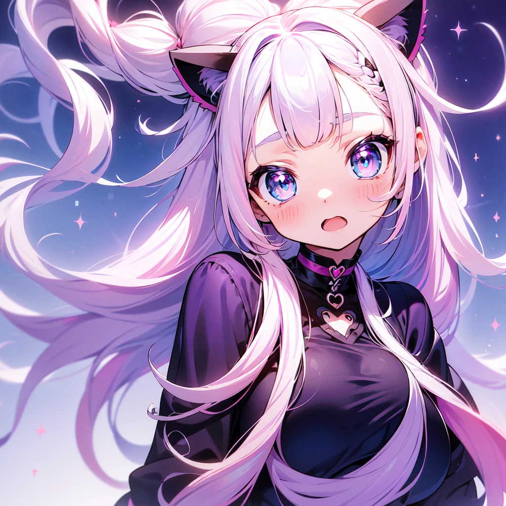 Masterpiece, best quality, emoji pack，emoji sheet,  goth bangs, ((blue eyes)), blush,breasts, large breasts, looking at viewer, long hair, (pink,blue,purple,white hair:1.4), black choker, galaxy, goth, cat ears,  upper body, virtual youtuber,