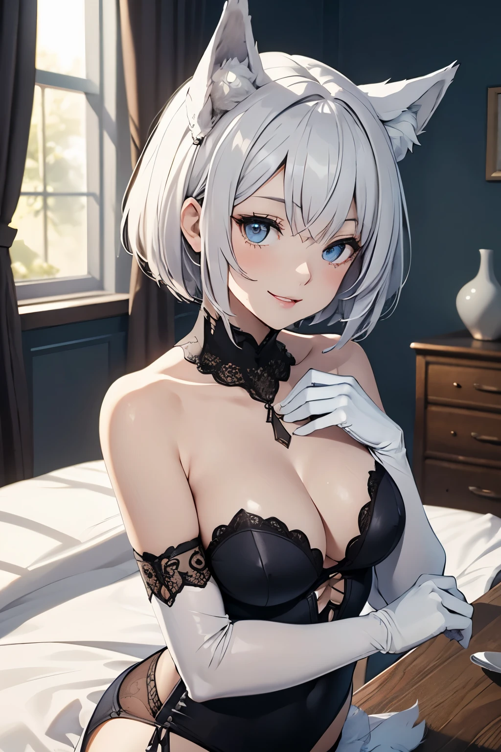 table top High level image quality best image quality 8K lady(I) portrait white long gloves white stockings lingerie((Tube top)blanche)) wolf ears short hair((shortcut)(gray hair)(perm)(fluffy)) eye color is blue smile(lure) background(Bedroom) cover one's chest with one's hands