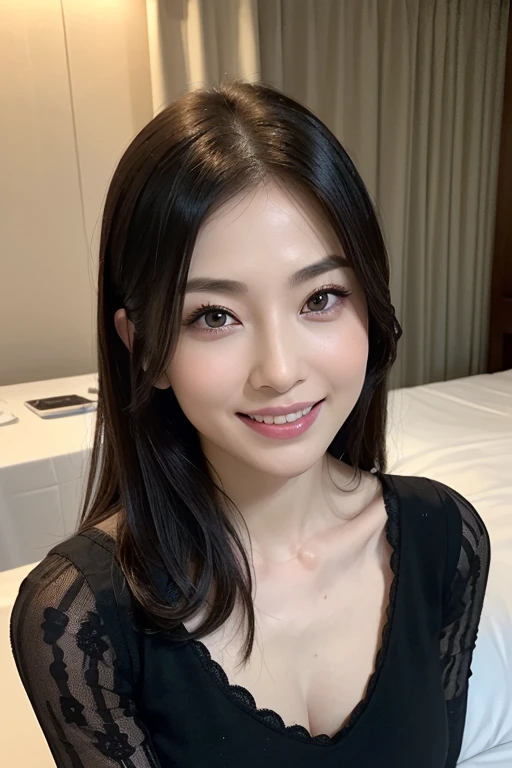 (8K, RAW photo, highest quality, table top:1.2), (realistic, Photoreal:1.37),1 girl, professional lighting, photon mapping, radio city, RAW photo、(Photoreal:1.4)、Ultra-detailed complex 3D renderings, sunshine, vivid details, super detail, realistic skin texture,(Bewitching:1.4)((sex appeal:1.4、on the bed、King-size bed、Plush bed、professional lighting:1.1))、Beautiful Japanese actress in her 30s、1 girl, solo,((big breasts:1.2)) ,((seductive eyes、charming、Erotic、sexy、I'm inviting you to lie on your back on the bed.:1.1))(黒のsexyランジェリー:1.1、Invisibility、small black bra、Black T-back、nipple)、 Natural long hair、look at the audience、lips are lip gloss,Big eyes、eyelashes、I'm embarrassed、((very beautiful beauty、long neck、smile a little、beautiful teeth、Enchanted expression、heart-shaped pupil))、(very cute super model:1.1)、