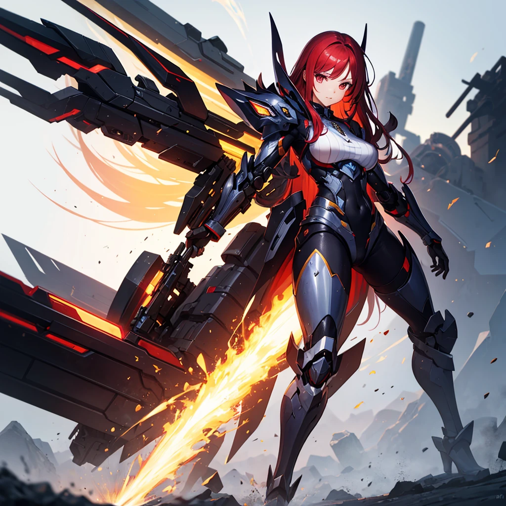 highest quality、best hand、best fingers、Mecha girl、long hair、Red hair、red eyes、heavily armored、Cannons on both shoulders、battle、cyber space