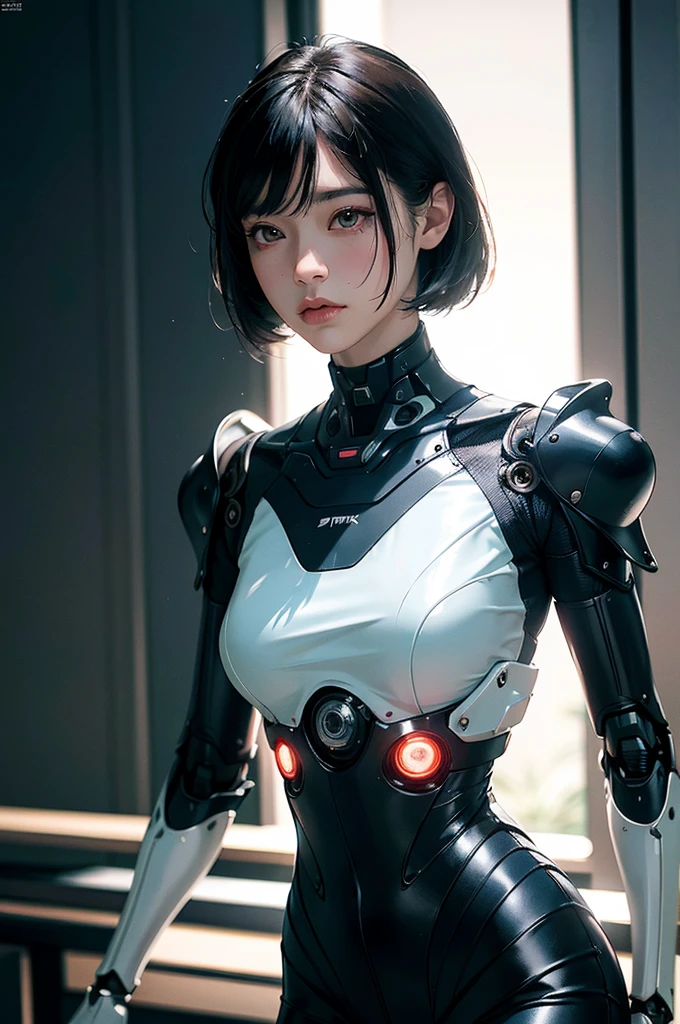 Complex 3D rendering of ultra-detailed porcelain girl, 1 girl, (natural skin texture, actual eye details:1.2), part, beautiful soft light, rim light, Vibrant details, Luxury Cyberpunk, hyperactual, anatomical, face muscles, Cable wire, microchip, elegant, beautiful background, octane rendering, apple style, 8k, best quality, masterpiece, illustration, extremely delicate and beautiful, CG, Unite, wallpaper, (actual, photo-actual:1.2), Astonishing, fine details, masterpiece, best quality, official art, extremely detailed CG Unite 8k wallpaper, Extremely ridiculous, sexy, Mechanical skeleton, Android, Surrealism, Doomsday wasteland, (high-tech prosthetics:1.2), Fluffy black short hair, Perfect body, Navy blue glowing cyber ship