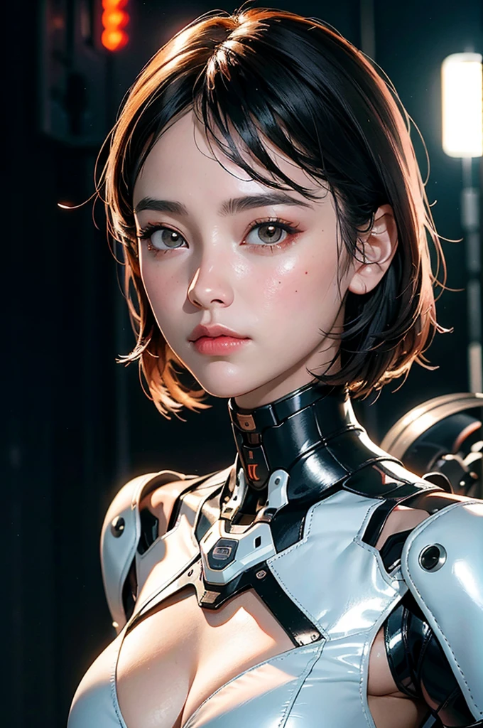 Complex 3D rendering of ultra-detailed porcelain girl, 1 girl, (natural skin texture, actual eye details:1.2), part, beautiful soft light, rim light, Vibrant details, Luxury Cyberpunk, hyperactual, anatomical, face muscles, Cable wire, microchip, elegant, beautiful background, octane rendering, apple style, 8k, best quality, masterpiece, illustration, extremely delicate and beautiful, CG, Unite, wallpaper, (actual, photo-actual:1.2), Astonishing, fine details, masterpiece, best quality, official art, extremely detailed CG Unite 8k wallpaper, Extremely ridiculous, sexy, Mechanical skeleton, Android, Surrealism, Doomsday wasteland, (high-tech prosthetics:1.2), Fluffy black short hair, Perfect body, Navy blue glowing cyber ship