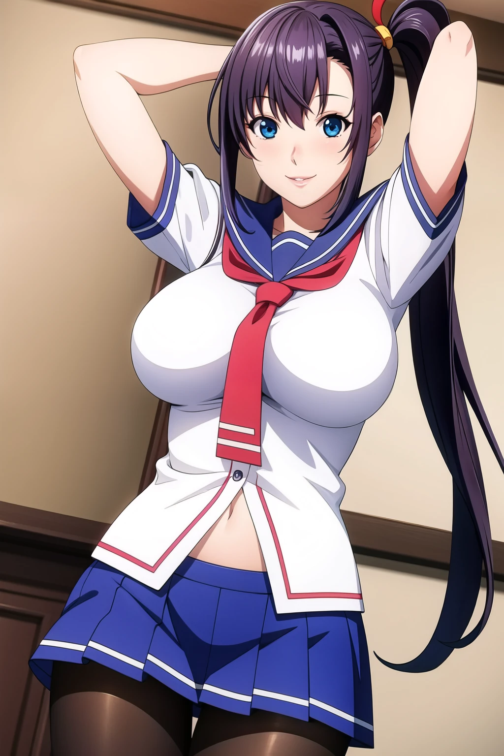 perfect eyes:1.2, detailed eyes:1.4, glossy skin:1.2, Blue sailor collar, school uniform, large breasts, skindentation, cowboy shot, pantyhose, serafuku, short sleeves, Red neckerchief, White shirt, Blue eyes, Purple hair, bangs, side ponytail, Hair ornament, 20yo, Young female, Beautiful Finger, Beautiful long legs, Beautiful body, Beautiful Nose, Beautiful character design, perfect balance, smile, 1girl, solo, (masterpiece:1.6, best quality), 8k, insane details, intricate details, hyperdetailed, hyper quality, high detail, ultra detailed, professional, HDR, ray tracing reflection, cinematic lighting,
