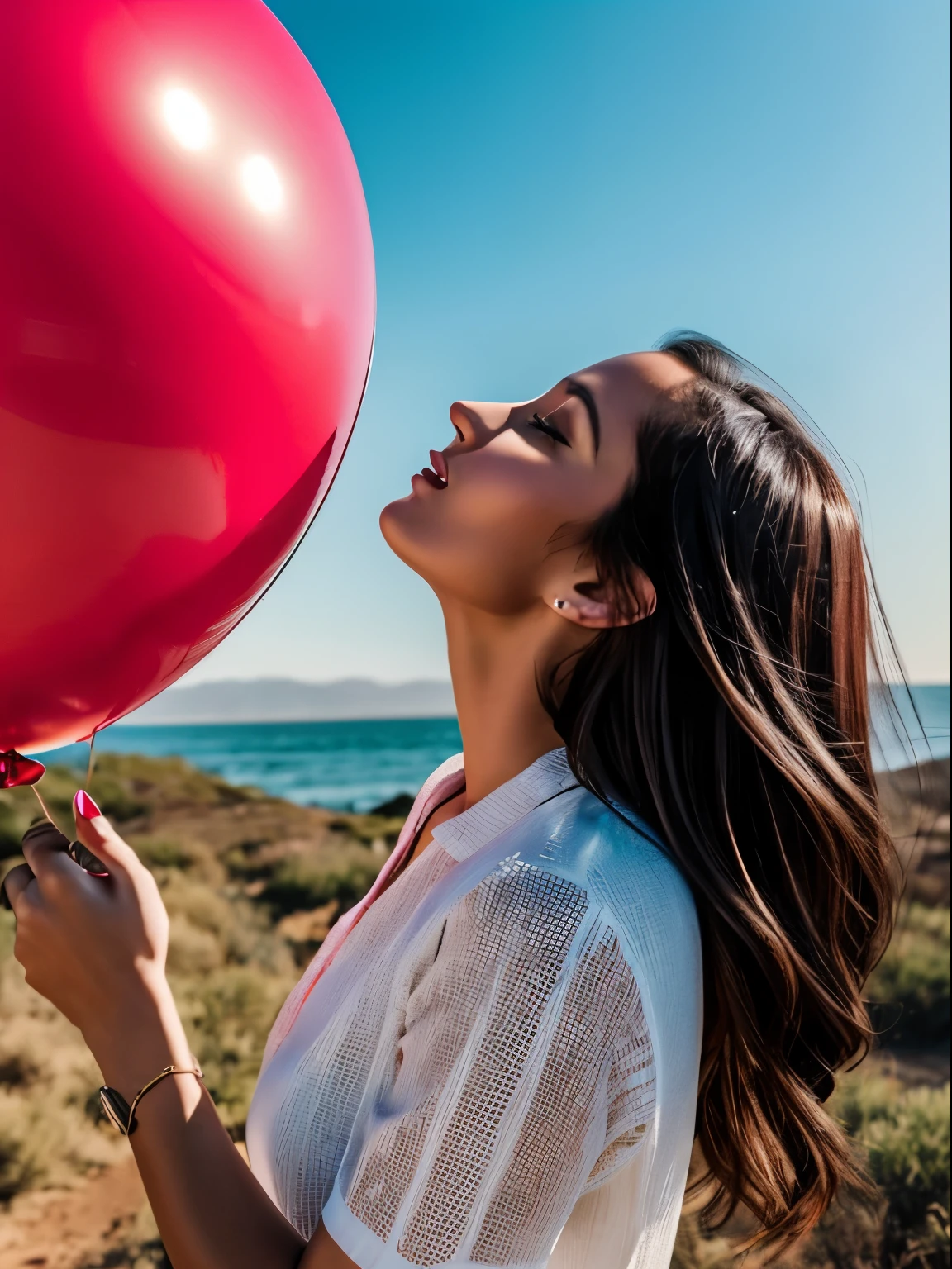 Compose a visually captivating and realistic image that seamlessly blends sensuality and playfulness. Envision an enchanting scene where a confident and stylish young woman is passionately kissing a single, oversized balloon. Pay meticulous attention to capturing the details of her pose, expression, and the balloon itself, ensuring a heightened sense of realism. Place this alluring moment in a tastefully designed setting that enhances the overall aesthetic. Craft a visually stunning composition that celebrates the romantic and playful connection between the woman and the oversized balloon, creating an image that is both enticing and sophisticated.
