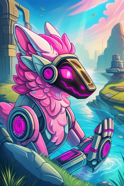 best quality, highres, ultra-detailed, realistic, female protogen, mysterious, clockwork protogen parts, odd, weird, (pink eyes), (white fur), short, POV, looking at camera, (outside), green grass, (scrap metal rocks), (pink water), (slimy water), soft sunlight, vibrant colors, (rusty gears), (mechanical limbs), surreal atmosphere,