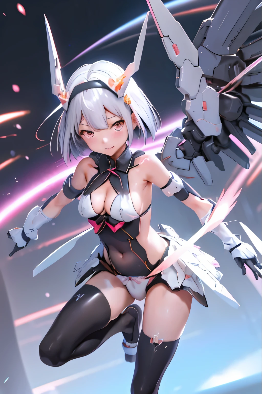 (highest quality)), ((masterpiece)), (very detailed: 1.3), 3D, {(japanese young girl)}, ((wears a futuristic Gundam mecha)),(Gundam), with headgear, with v-fin of gundam, ((unarmored cleavage)), ((unarmored stomach)), ((unarmored upper arms)), ((unarmored face)), (unarmored hands), (unarmored waist), ((unarmored thighs)), (unarmored ankles), japanese girl wear light blue and white striped pantie under armor, multilayer textureperfect proportions, octane rendering, duotone lighting, Low ISO, wide aperture, White balance, Rule of thirds, ultra HD16k, HDR (High Dynamic Range), Ray Tracing, NVIDIA RTX, Super Resolution, Subsurface Scattering, PBR Texturing, Post Processing, Anisotropic Filtering, Depth of Field, Maximum Clarity and Clarity, High efficiency subpixel, subpixel convolution, particles of light, light scattered, Tyndall effect, full body:1.5, battle pose, cute, (cute:1.2), (bob cut:1.3),三つ編み, 黒髪, 太い眉毛, 薄い色の虹彩, 大きくて輝いている黒い瞳, 長いまつげ, 小さく薄い色の自然な唇, (Average face of Japanese idols), (日本人特有の童顔:1.3), (baby face), 広いおでこ:1.2, ふっくらした頬, 小さな顎, open legs, spread feet, visible side boob, (mecha wings), (巨大な武器を持っている:1.2), 特大の盾を持っている, cyber punk city,looking at viewer,Focus on the eyes
