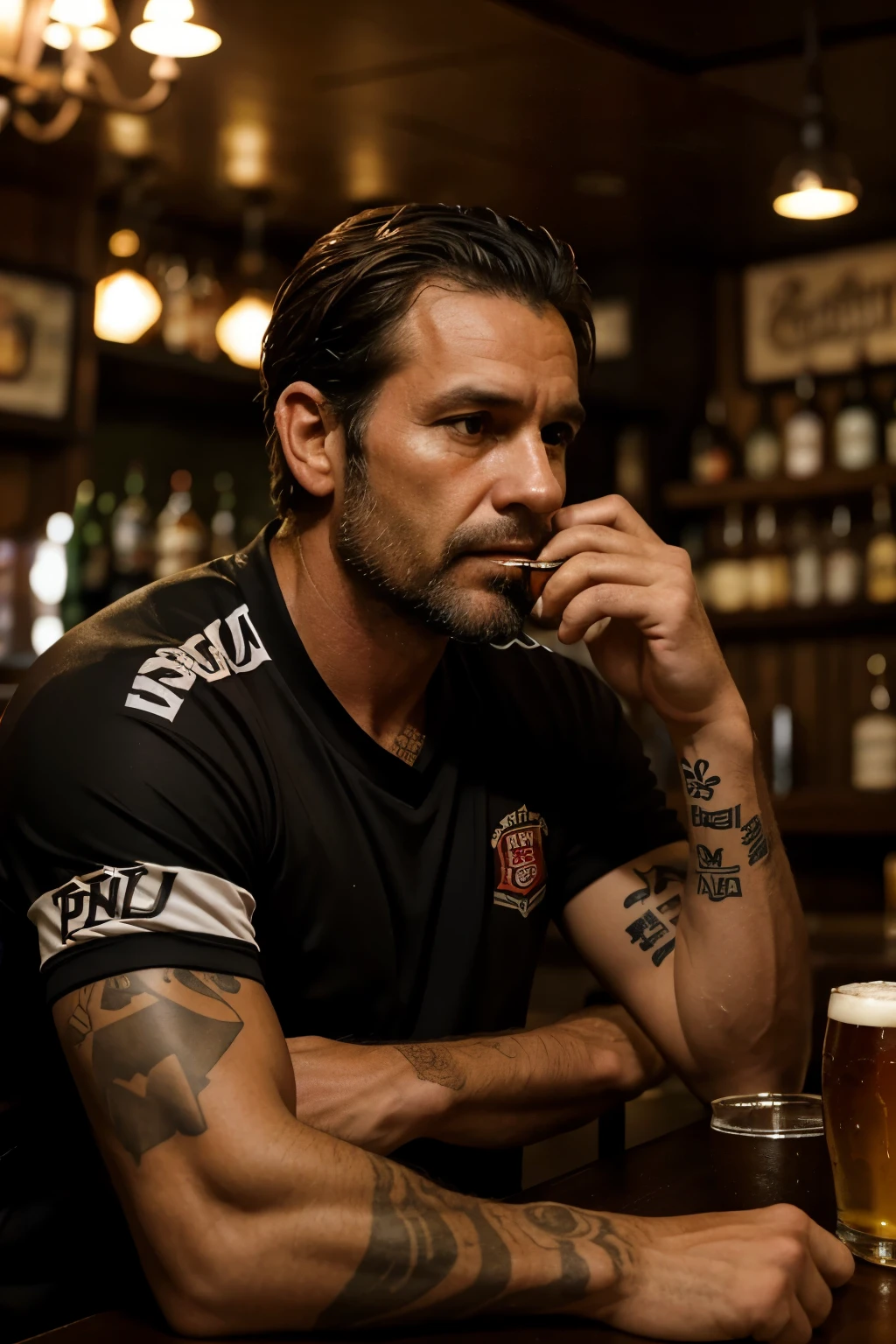 A middle-aged man, approximately 38 years old, with a height of around 170 cm, was sitting alone at a pub bar. His short brown hair bore a slight receding, and his protruding belly was noticeable under his black and red striped football team shirt. A tattoo of a rose adorned his right arm, adding to his rugged appearance. The dimly lit bar provided an occasional background noise, as the man seemed lost in thought, taking occasional sips from his beer glass. Realistic, high-definition image of a man in a pub bar setting.