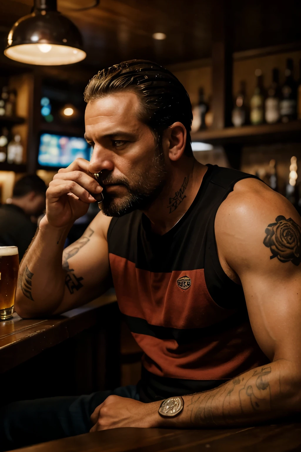 A middle-aged man, approximately 38 years old, with a height of around 170 cm, was sitting alone at a pub bar. His short brown hair bore a slight receding, and his protruding belly was noticeable under his black and red striped football team shirt. A tattoo of a rose adorned his right arm, adding to his rugged appearance. The dimly lit bar provided an occasional background noise, as the man seemed lost in thought, taking occasional sips from his beer glass. Realistic, high-definition image of a man in a pub bar setting.