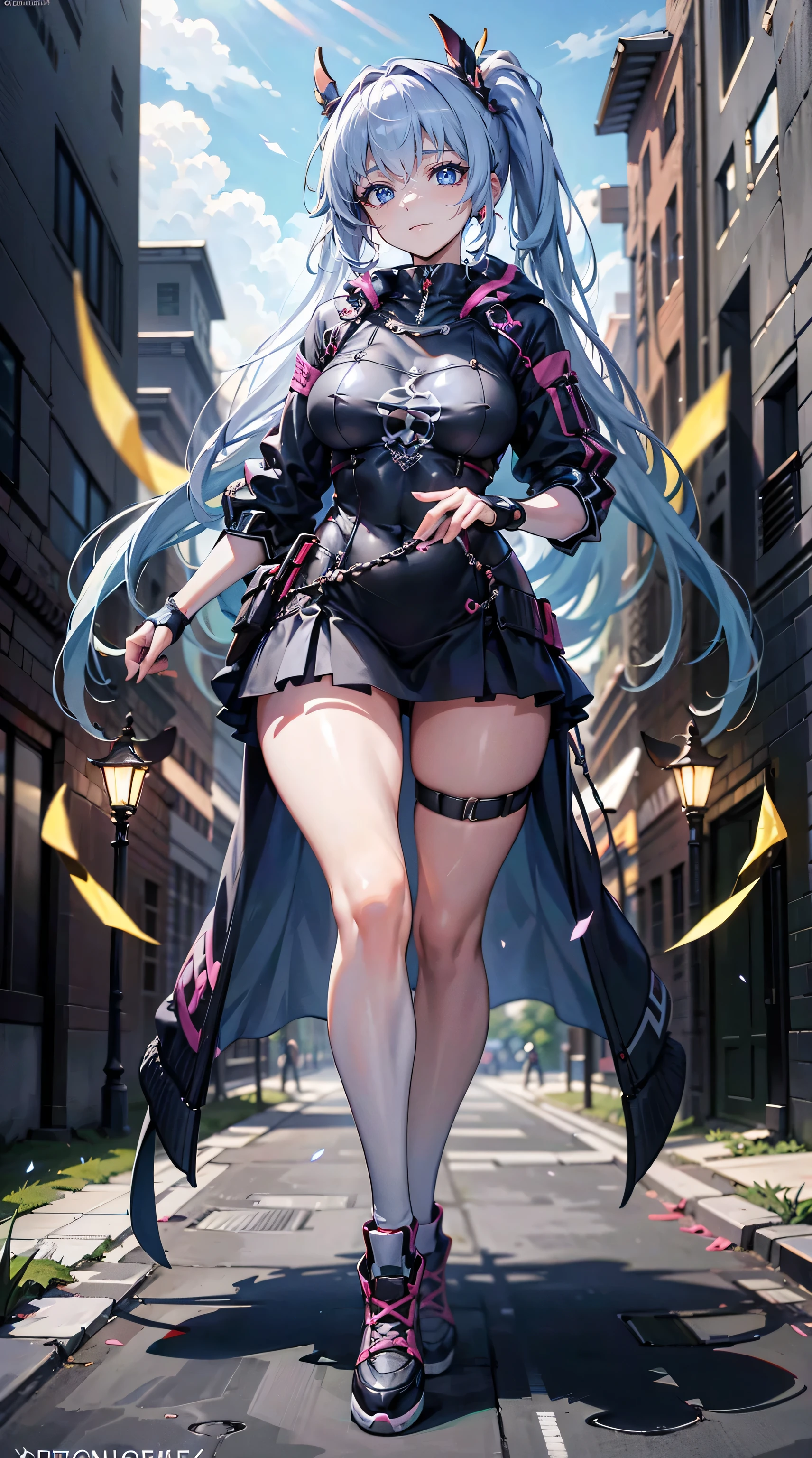 Dynamic angle, ((Full body posing:1.5), (colorful:1.2), (extremely detailed CG unity 16k wallpaper:1.1), (Denoising strength: 1.45), (tmasterpiece:1.37), ((official art)), Skaters play cyberpunk on streets with tall buildings and graffiti、, god rays, sparkle, glowing light, ((masterpiece)), ((best quality)), UHD, award winning, unreal engine 5, vaporware, shaded flat illustration, digital art, trending on artstation, highly detailed, fine detail, intricate