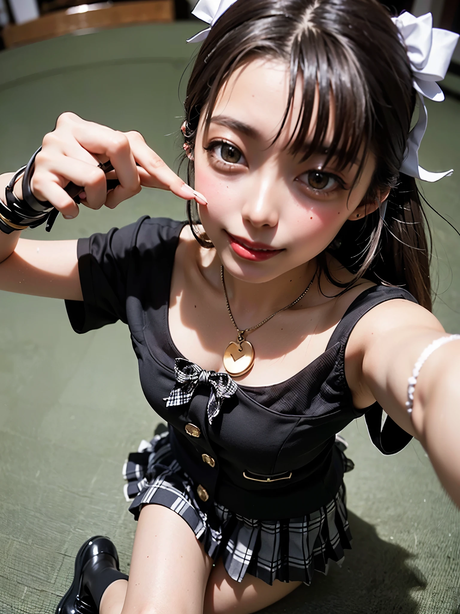 circular image, (Representative works: 1.3), (最high quality: 1.2), (masterpiece), high quality, High resolution, (1 person: 1.4), (round image)), (Fisheye))), [(white色の背景: 1.1): 5], [(Upper body, upper eye, :1): 5], high schoolの制服, high school,  girl taking selfie, cute, [(紺色を基調としたcute制服, blazer: 1.2): 5] {{{1 person}}}, ((excellent anatomy: 1.2)), ((Brown)) ponytail (Brown and (white)), smile, open your mouth, (random pose), looking at the viewer, (((plaid pleated skirt: 1.2)), ribbon, ((just cute)), Non-exposed, perfect body, perfect leg count, perfect fingers {{{five fingers}}}}, ((composition from above))